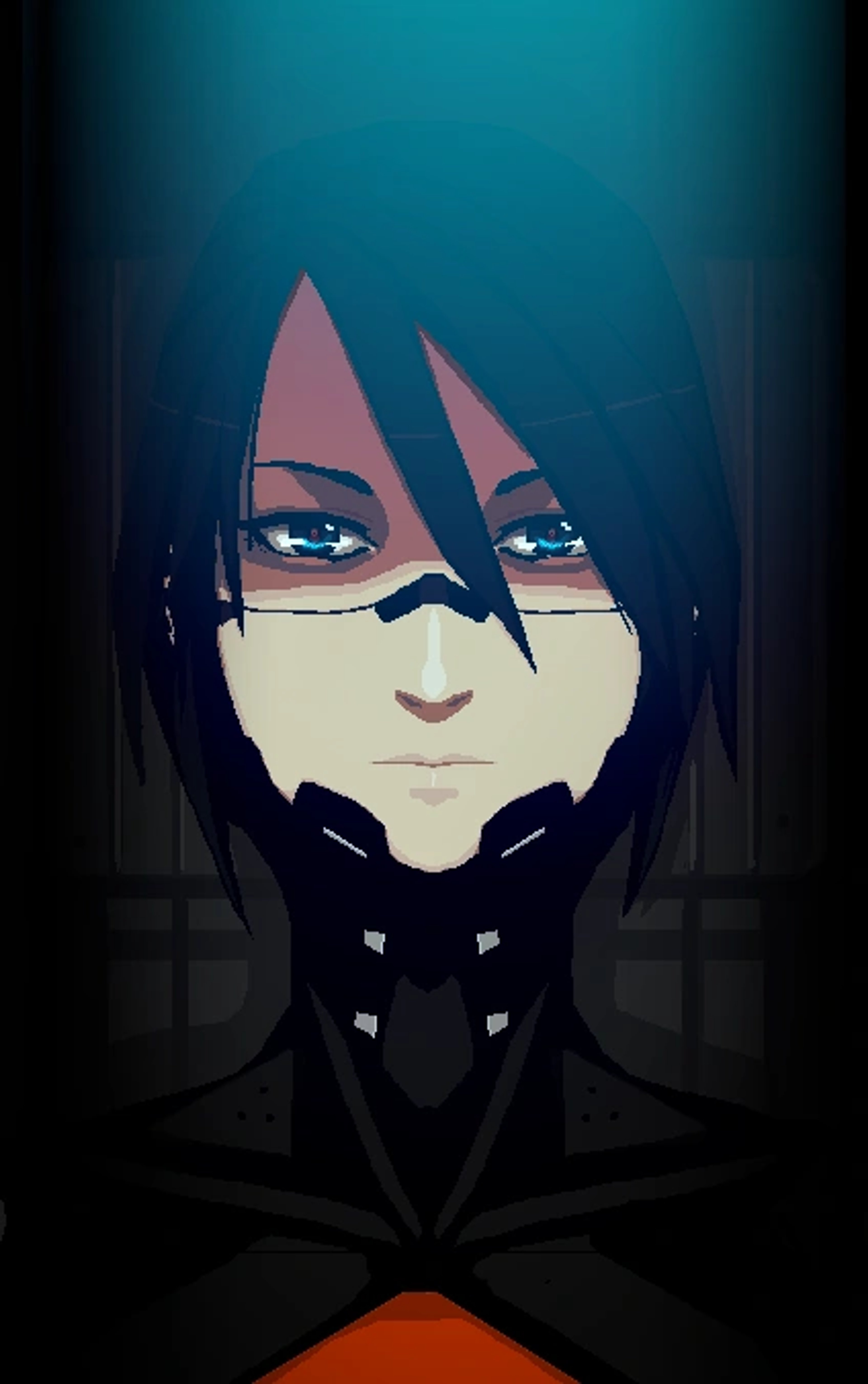 A female android or replika character with dark hair and a serious expression, wearing a black uniform.