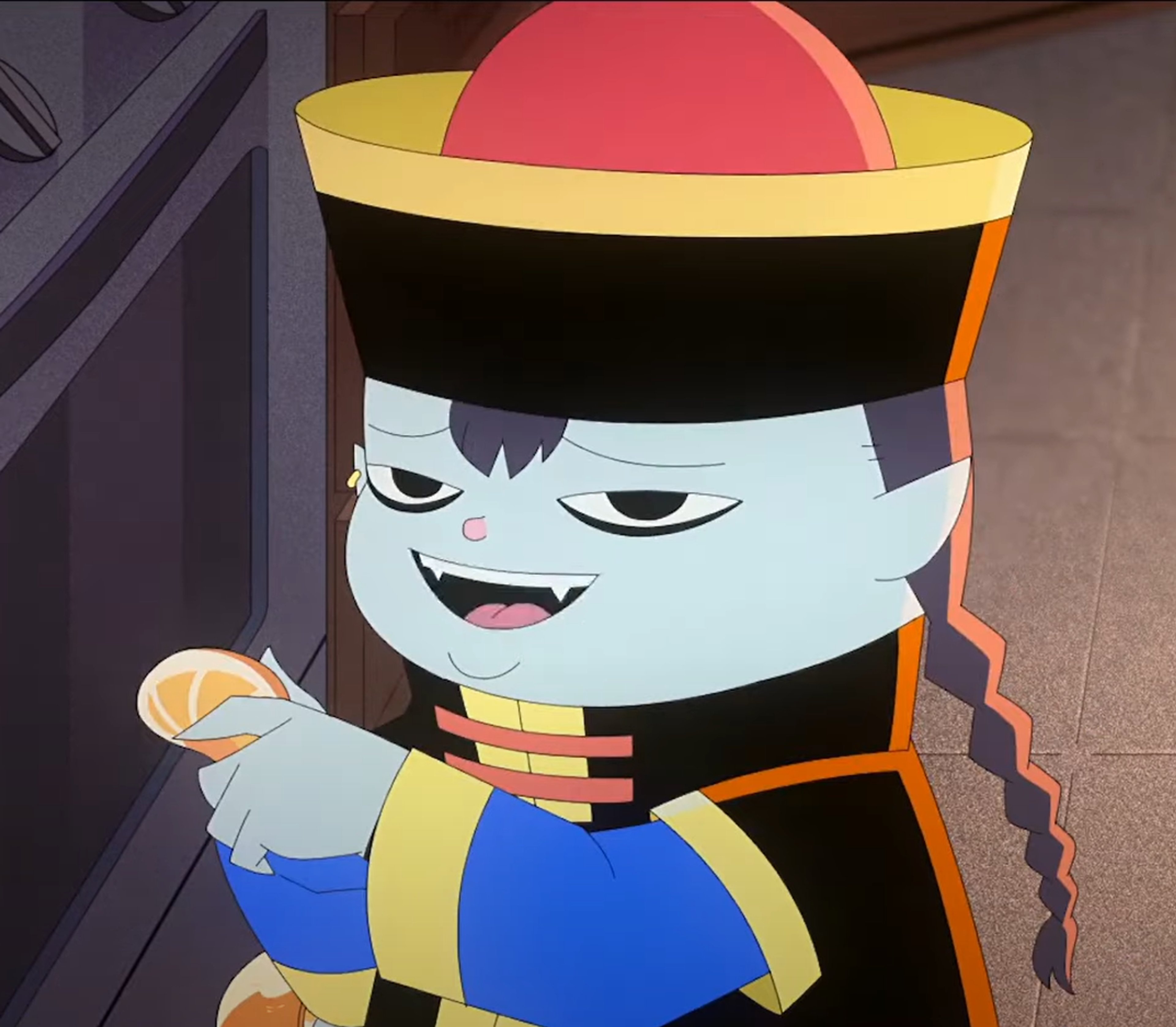 A friendly-looking supernatural character with pale gray skin, mousy brown hair, and a Qing dynasty official's uniform