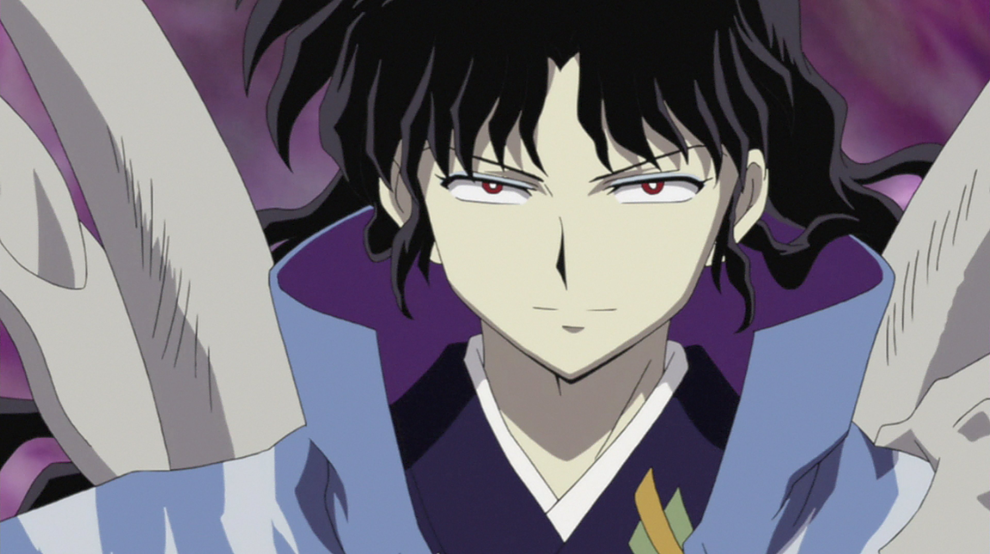 An anime-style character with dark hair and an intense expression, wearing a dark, ornate outfit.