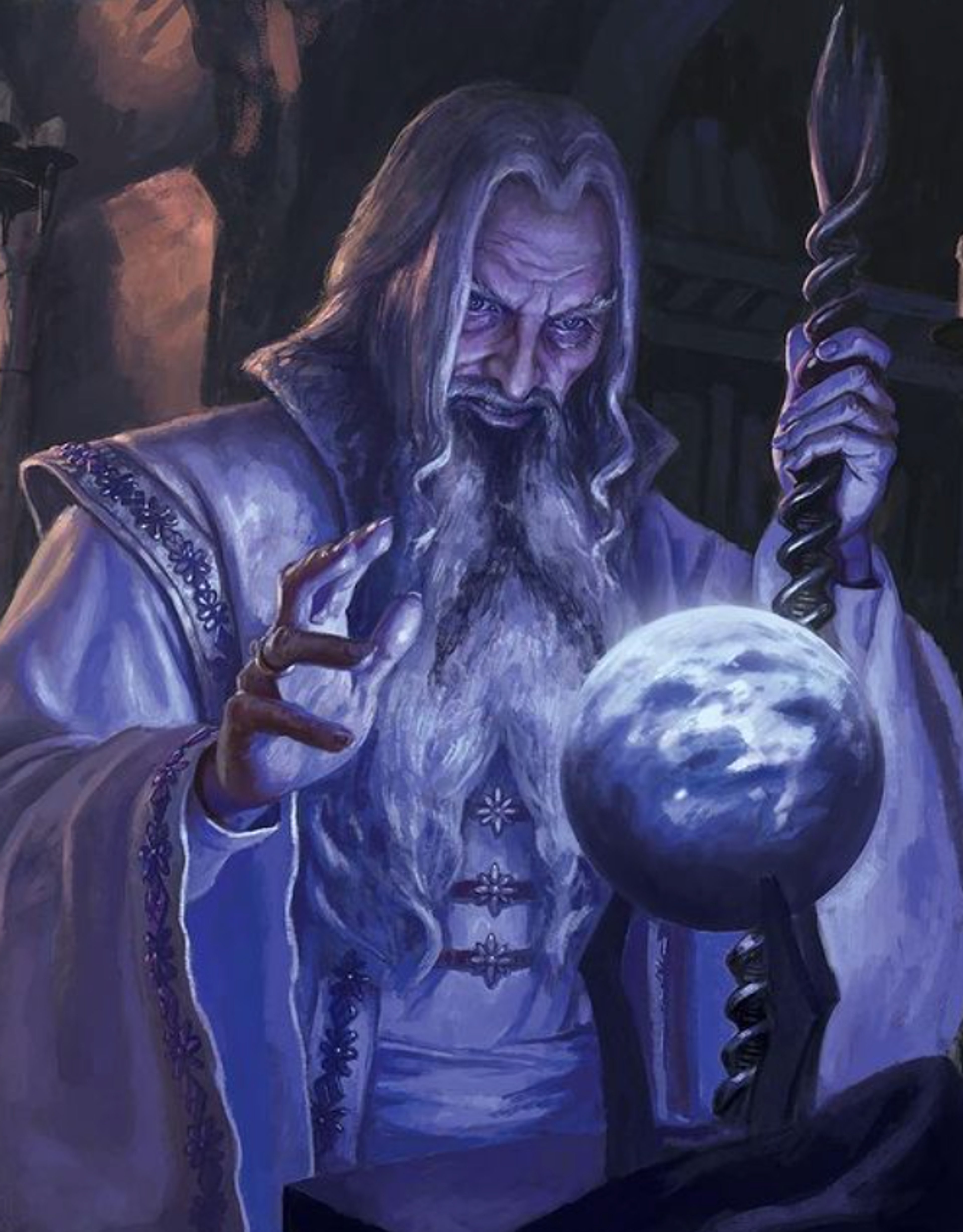 A powerful, elderly wizard-like figure holding a glowing, magical orb