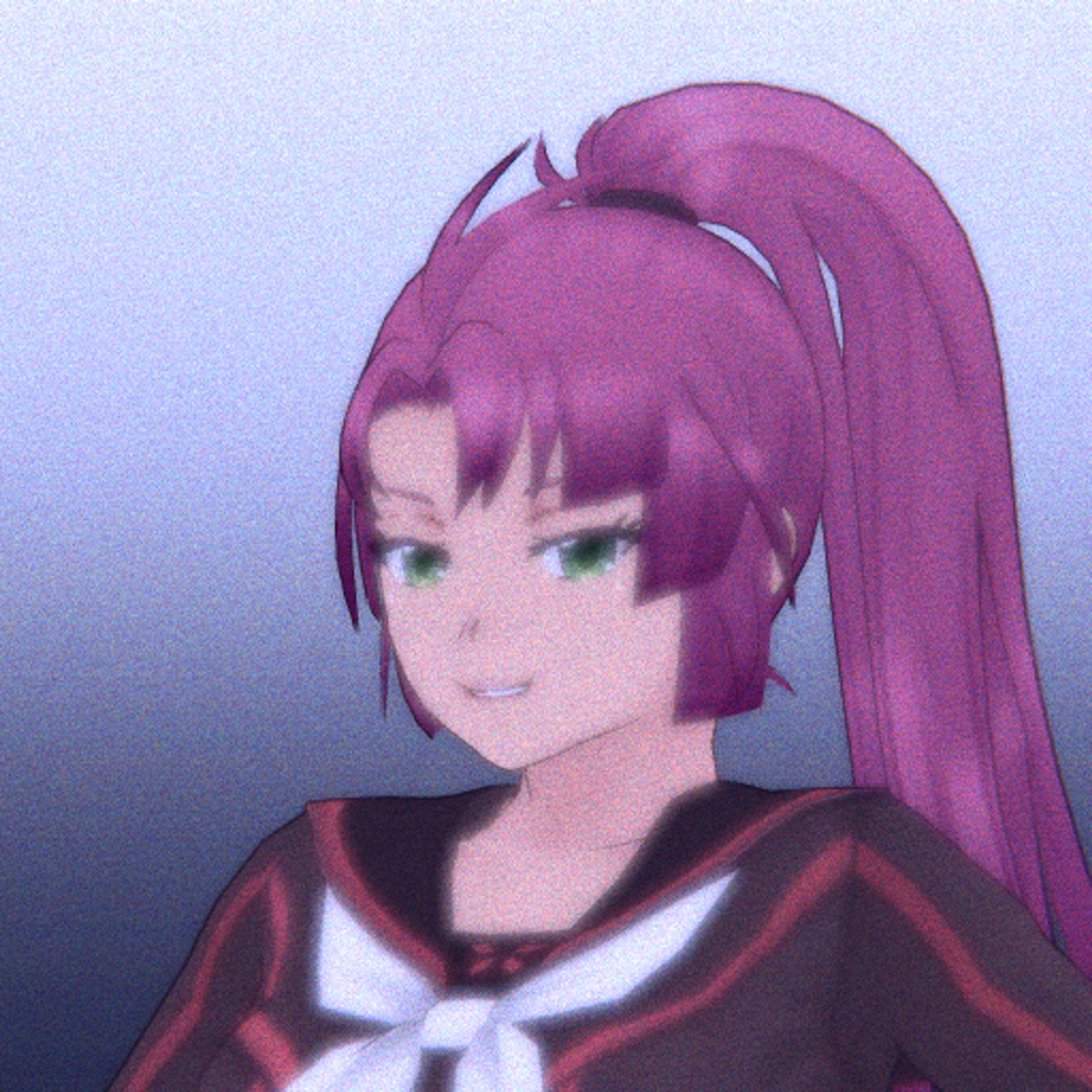 A young woman with magenta hair in a high ponytail wearing a school uniform