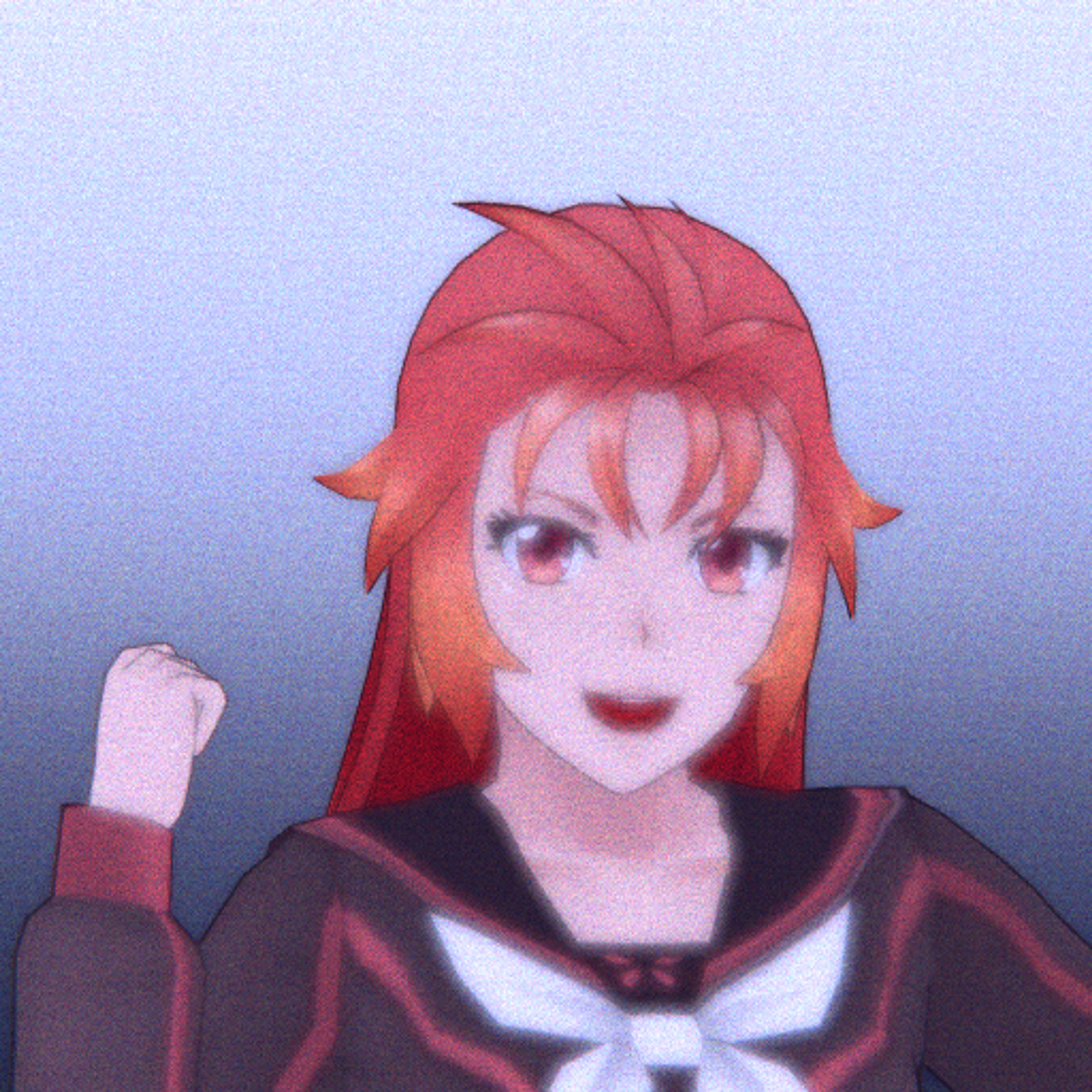 An anime-style character with spiky, red and orange hair, red and yellow eyes, and a dark school uniform.