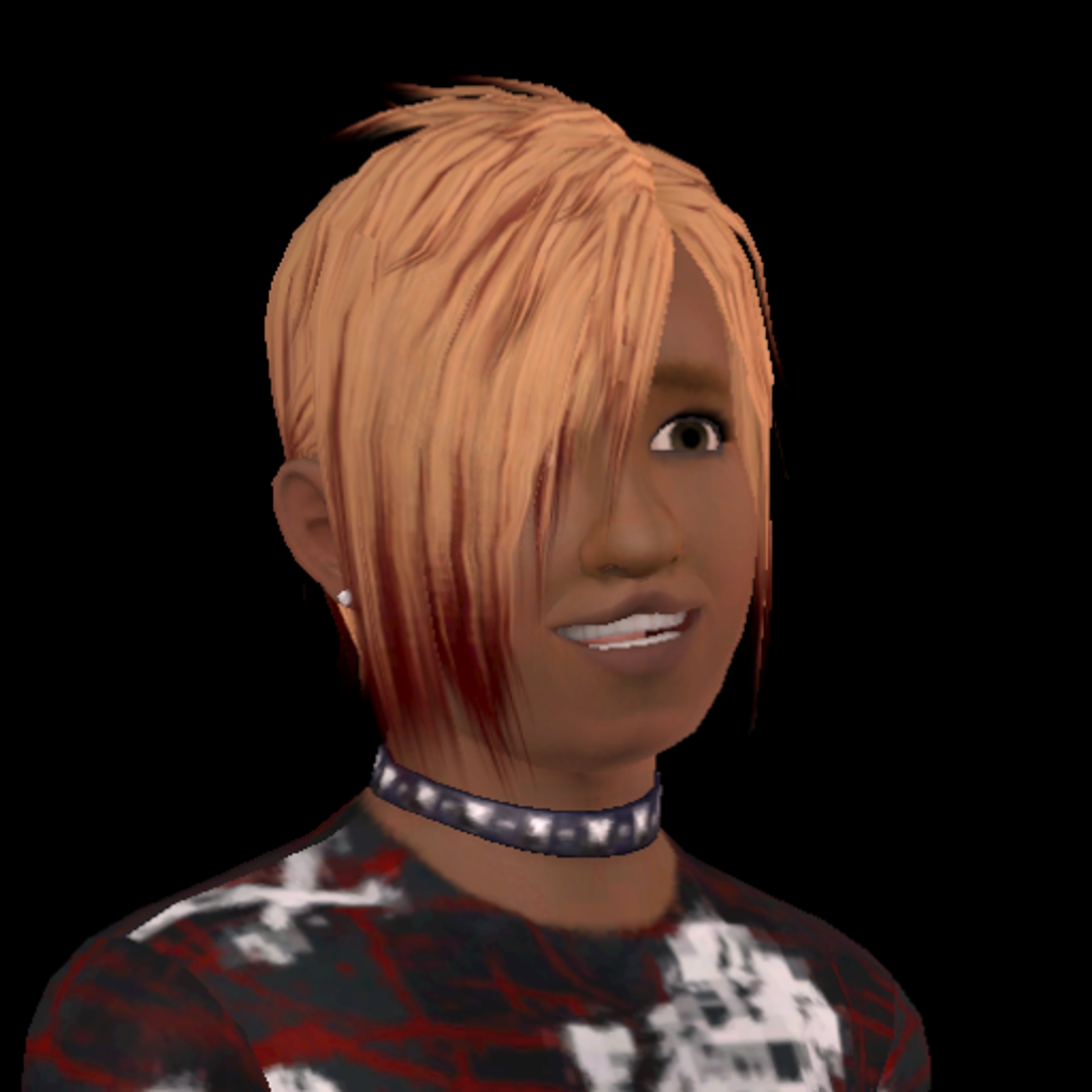 A young man with blonde hair and brown eyes, wearing a patterned shirt and a choker necklace.