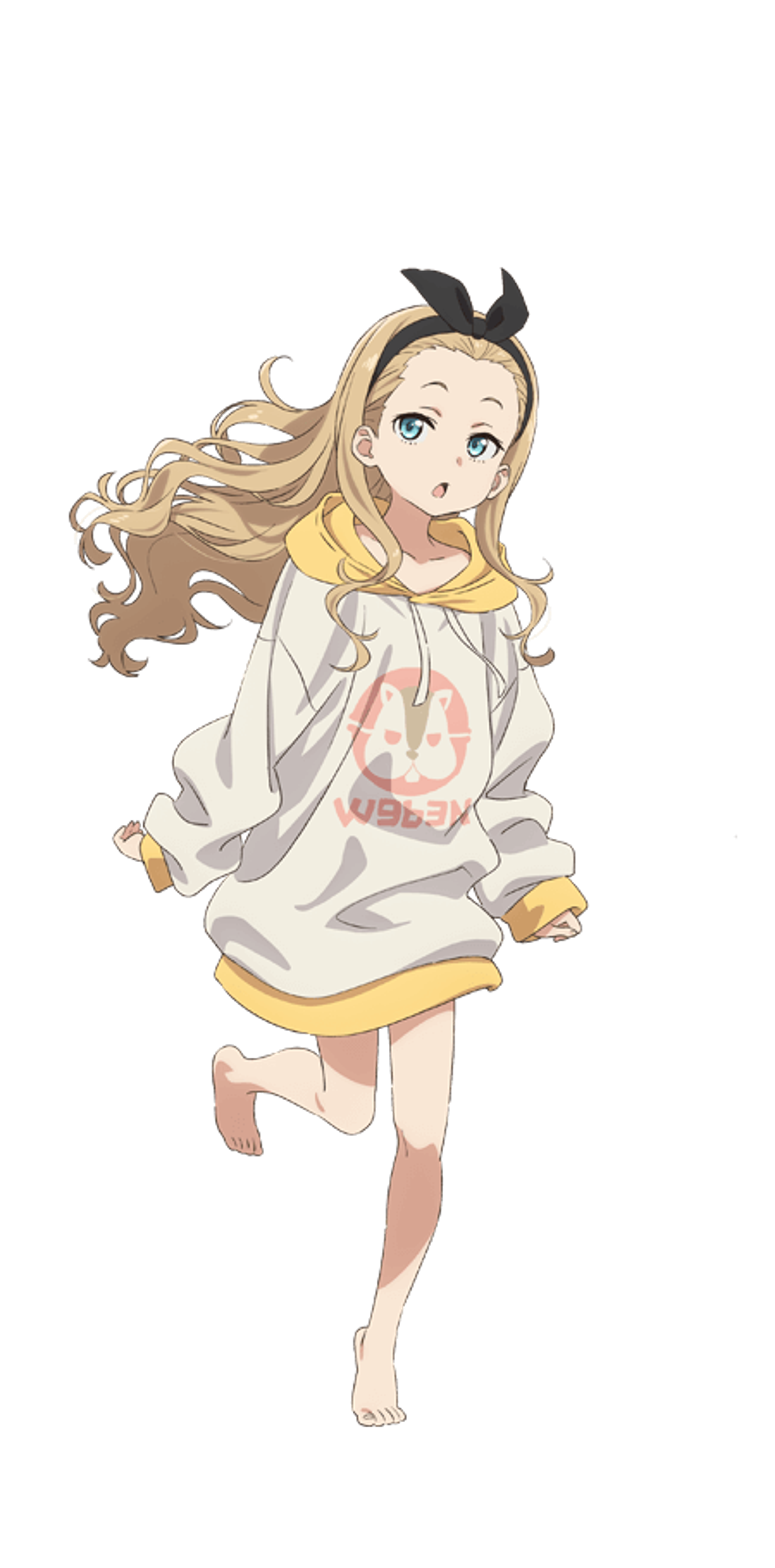 A young woman with blonde hair and blue eyes wearing an oversized hoodie with a Walnut avatar.
