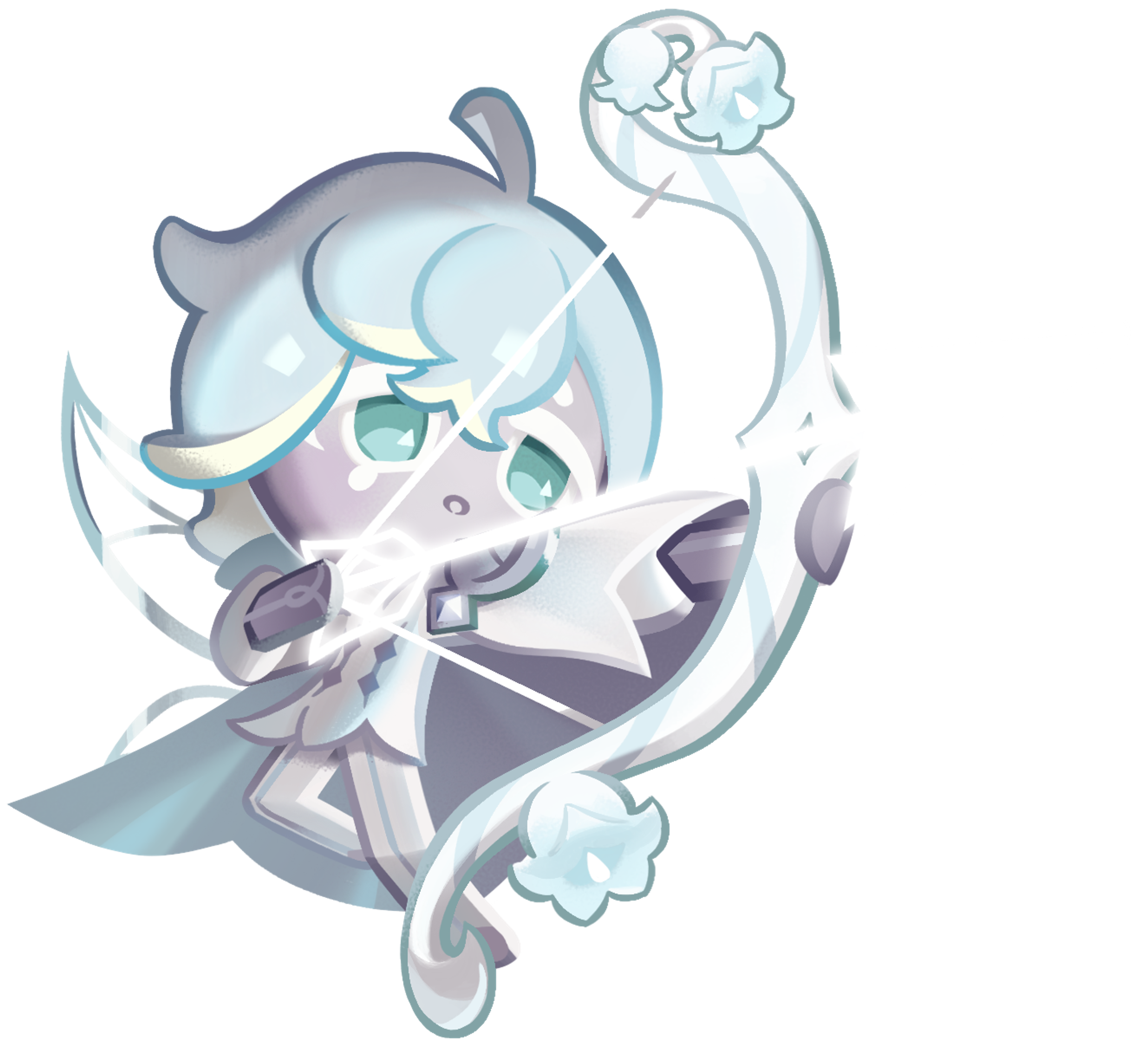 An anime-style illustration of a character named Silverbell Cookie, a young, fairy-like being with silver hair and a white and blue outfit, holding a bow and arrow.