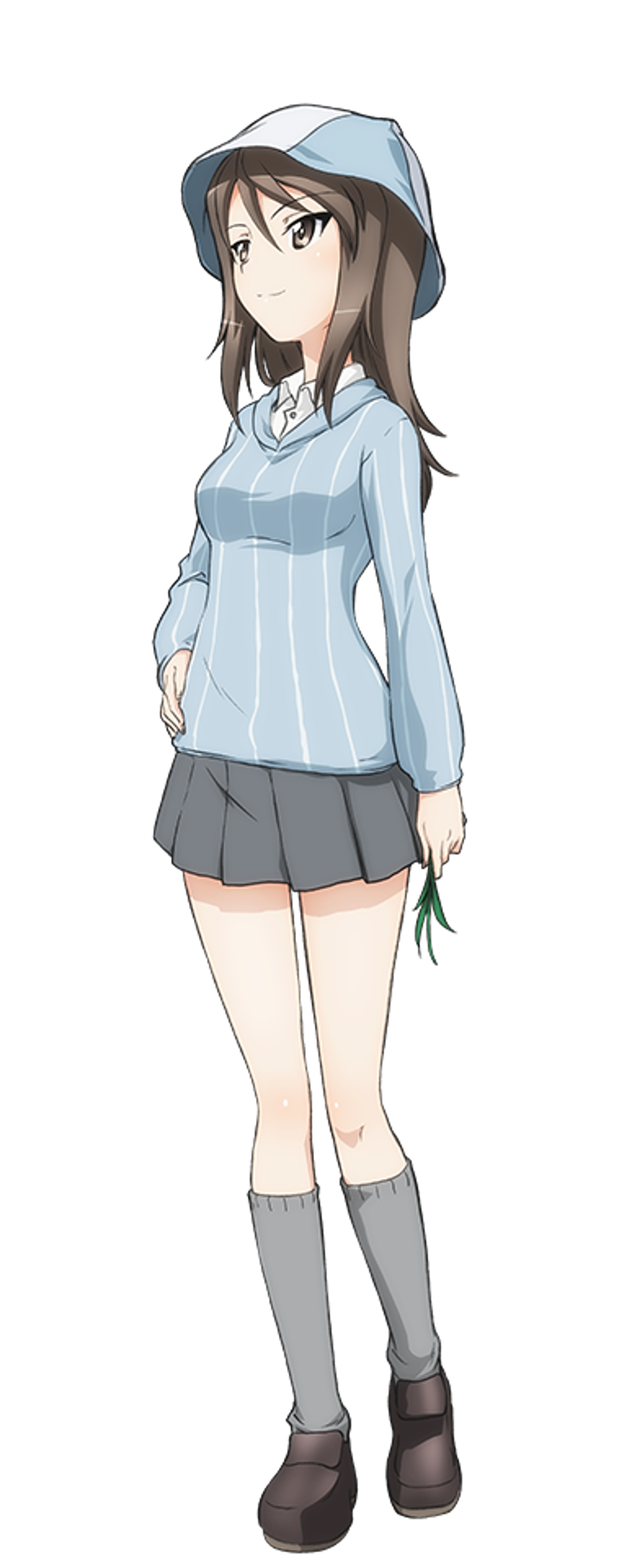 A young woman with long brown-grey hair wearing a blue hat, a light blue shirt, and a grey skirt, holding a traditional Finnish string instrument called a kantele.