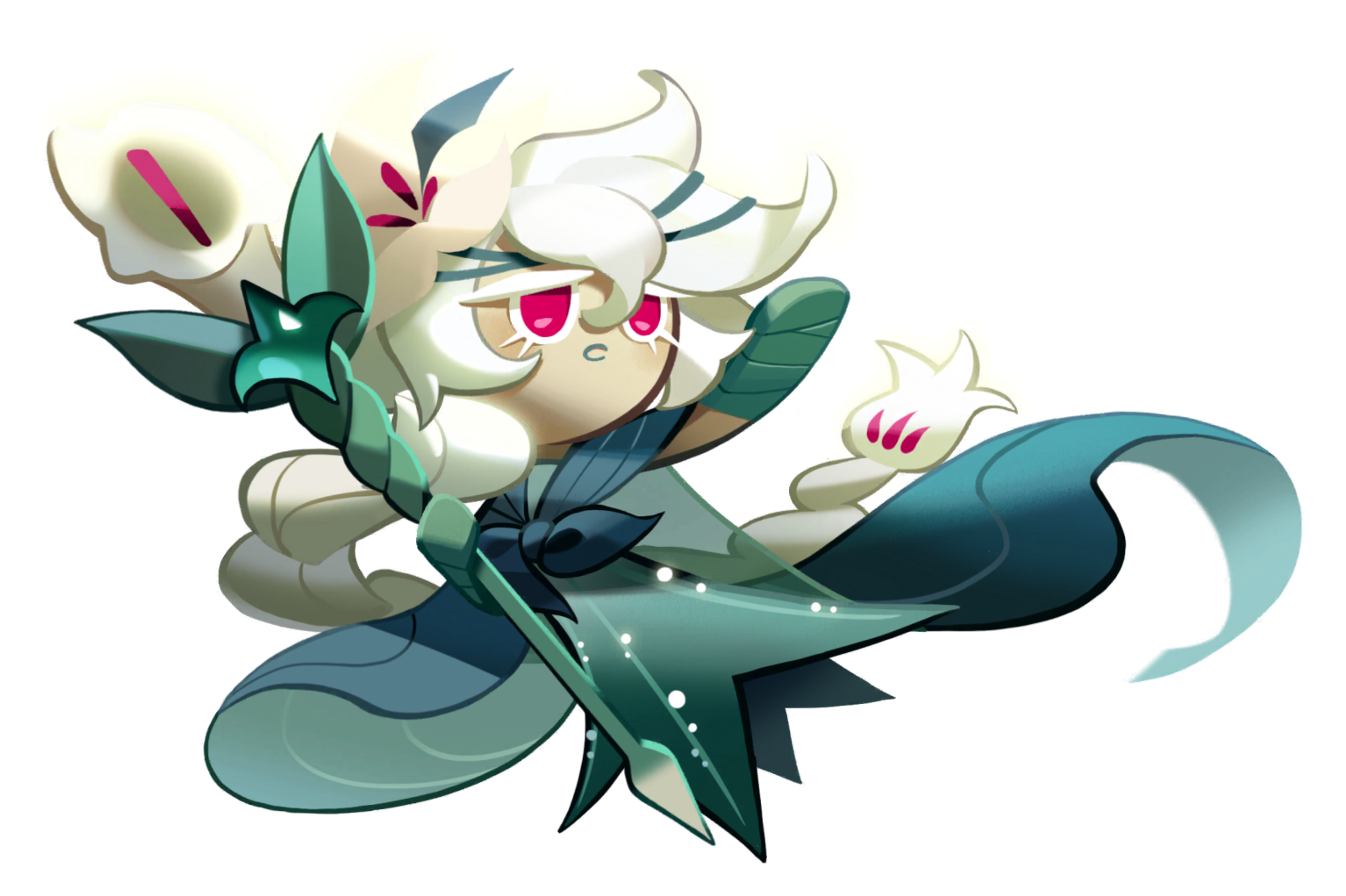A detailed illustration of a female fantasy character with long white hair and a green floral dress, set against a mystical nature-inspired background.