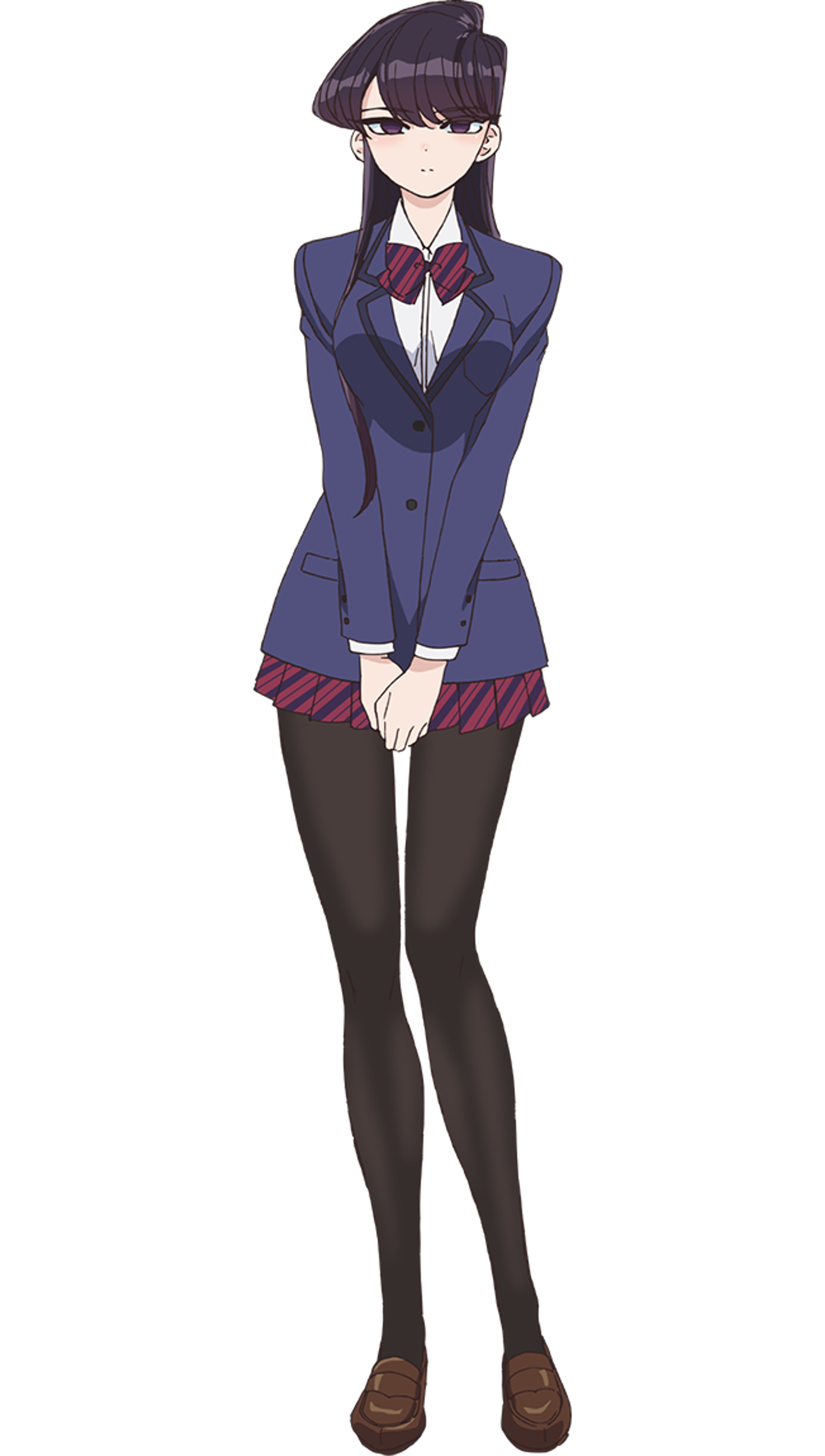 An anime-style character with long black hair, pale skin, and a serious expression, wearing a dark purple school uniform with a bow tie and holding a notebook.