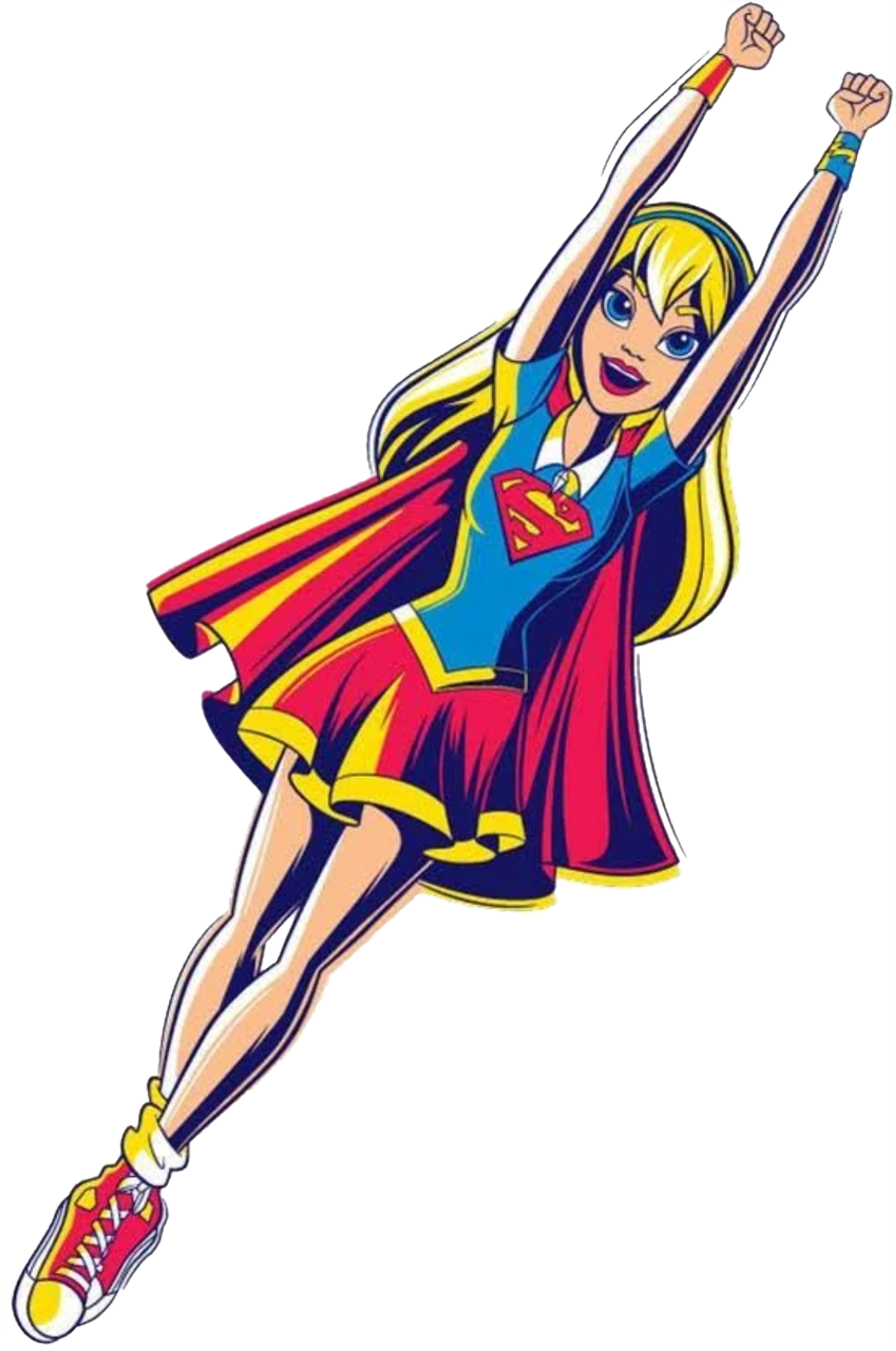 A young female superhero in a red and blue costume flying through the air with a determined expression.