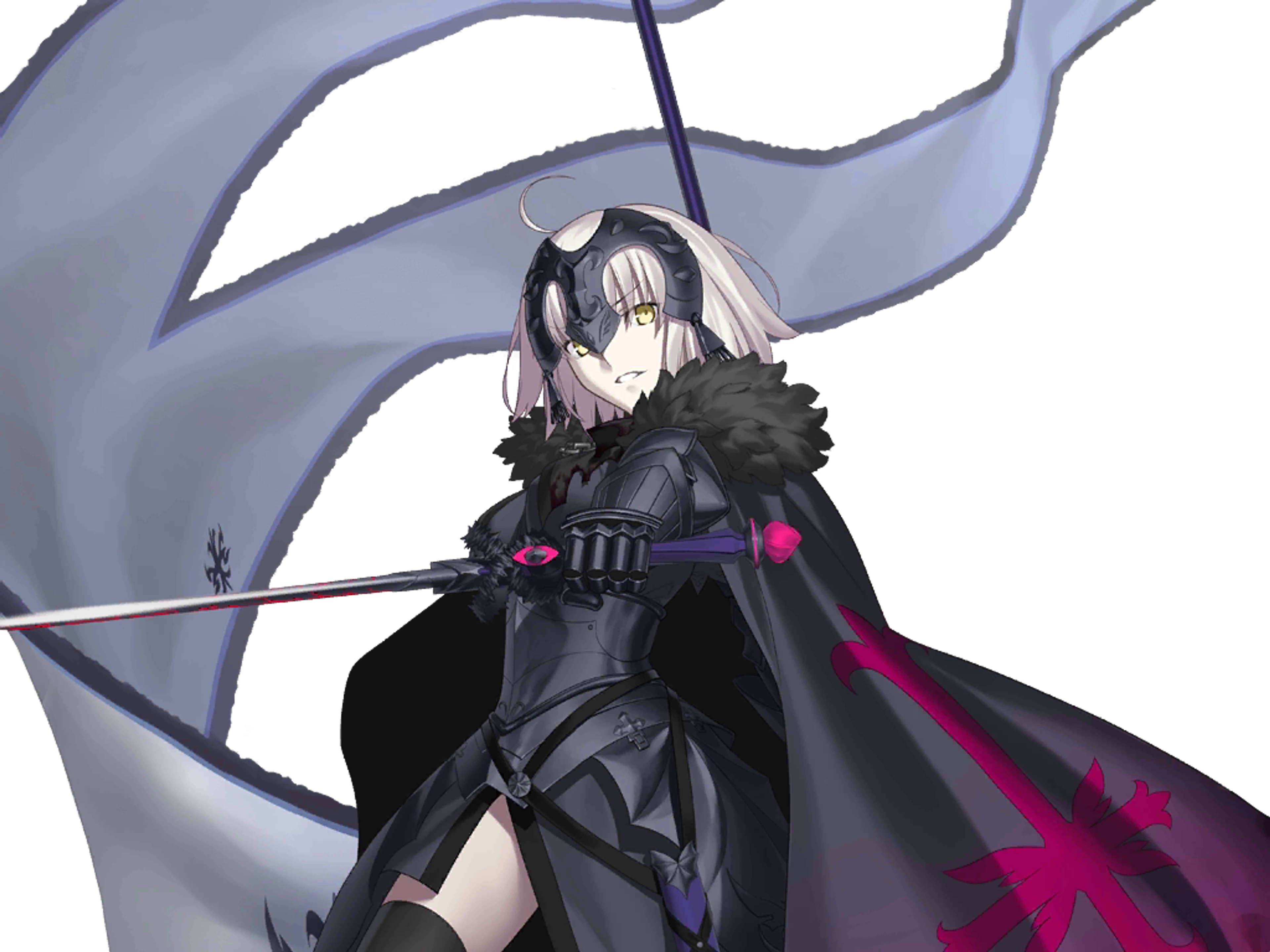 A female character with dark hair and red eyes, wearing a black outfit and cape, wielding a weapon or staff.