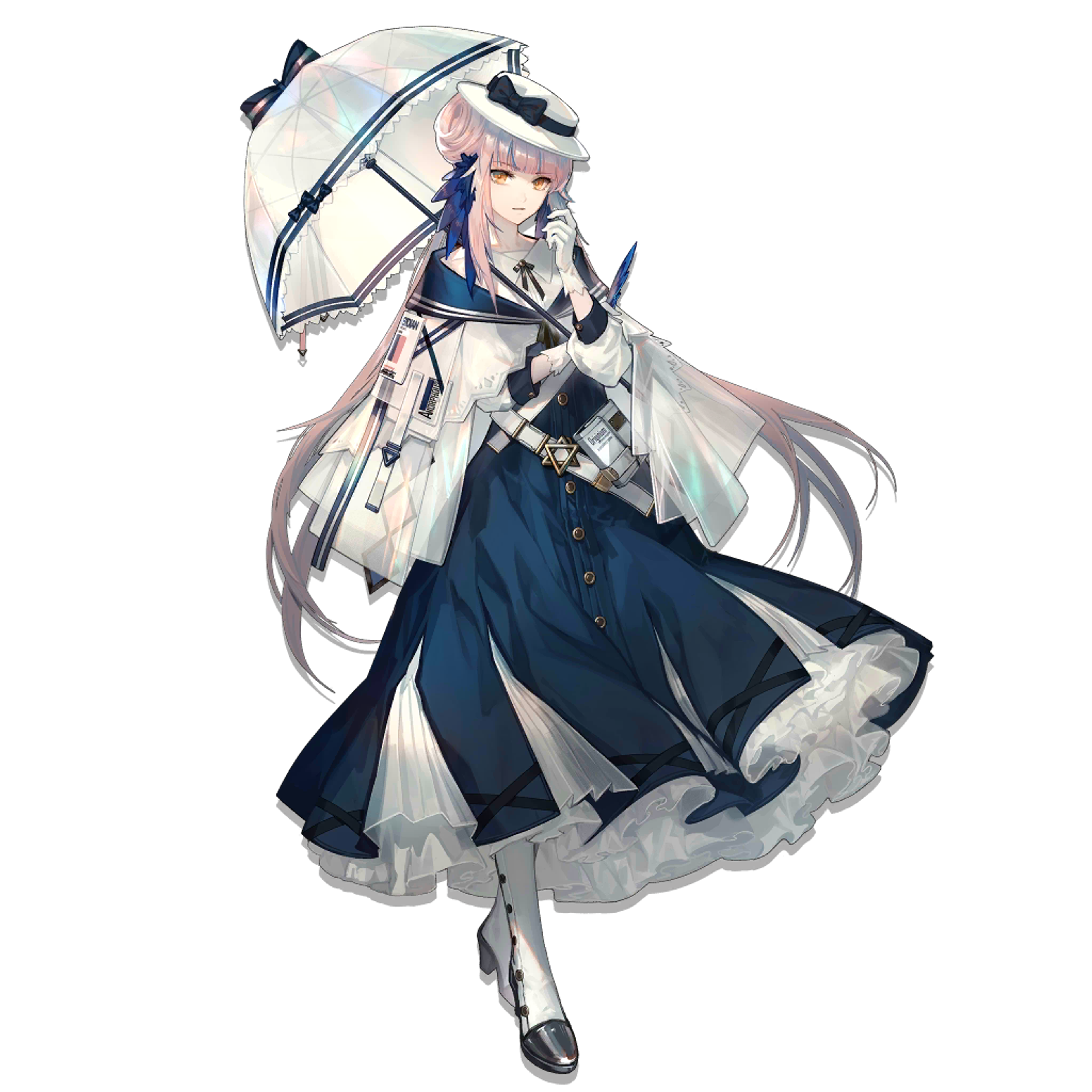 A young woman in a blue and white dress holding a parasol