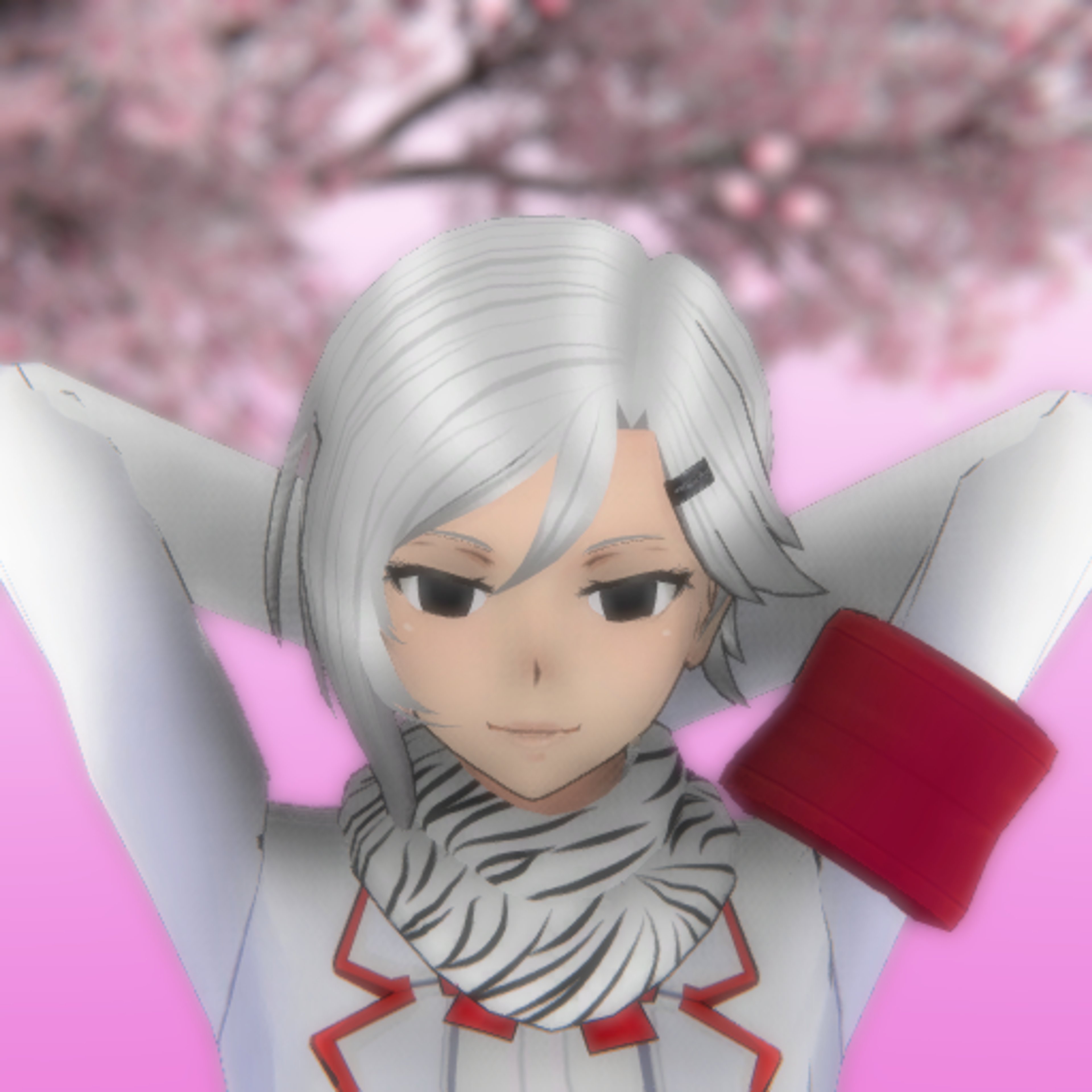 An anime-style character with short white hair, black clips, and distinctive black eyes wearing a student council uniform with a white scarf.