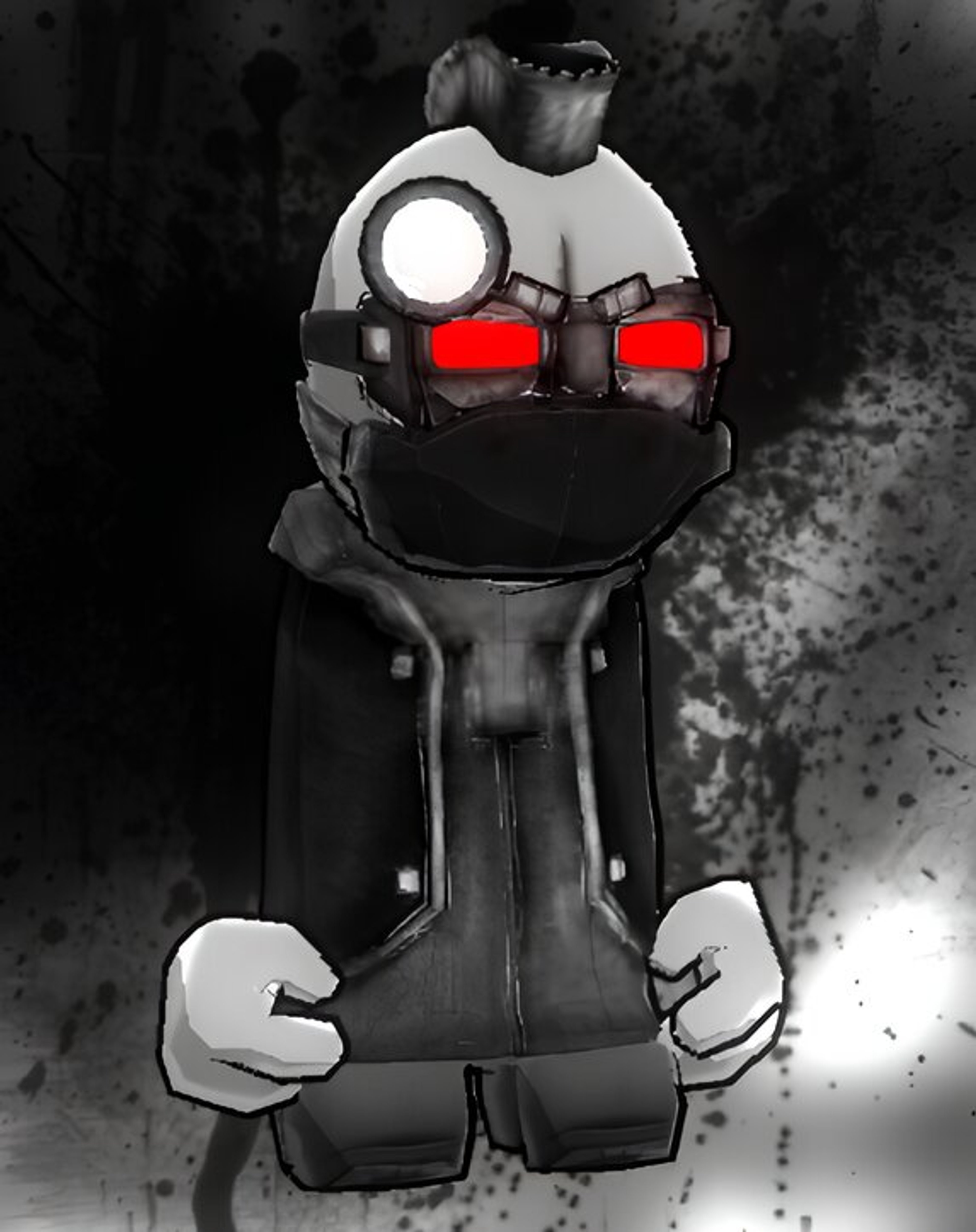 A character wearing distinctive sensor goggles, an armored air filter, and bandages around the jaw.