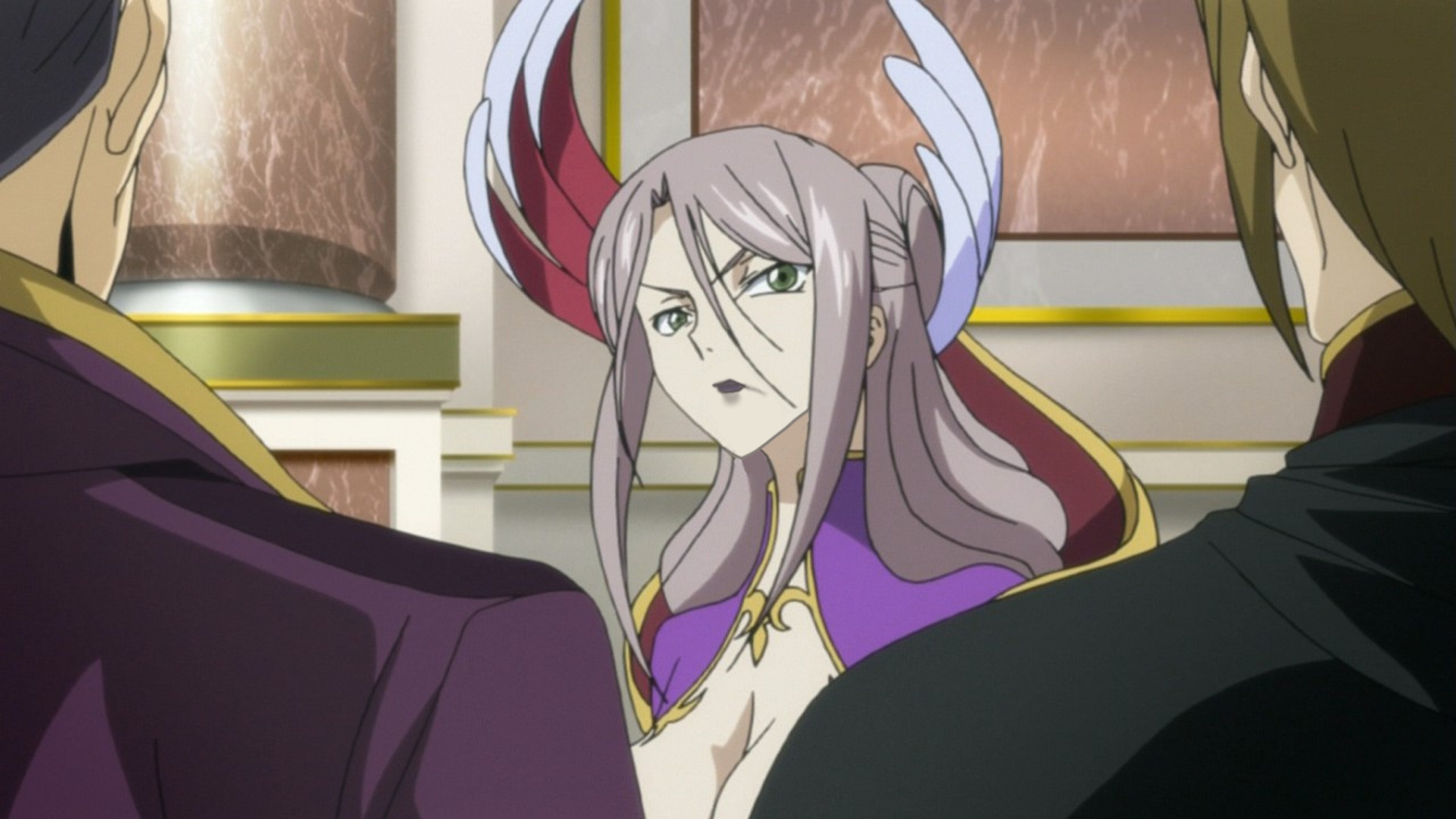 An anime-style character with long silver hair, a rose tattoo, and an elaborate purple and gold dress, conveying a sense of aristocratic privilege and imperial excess.