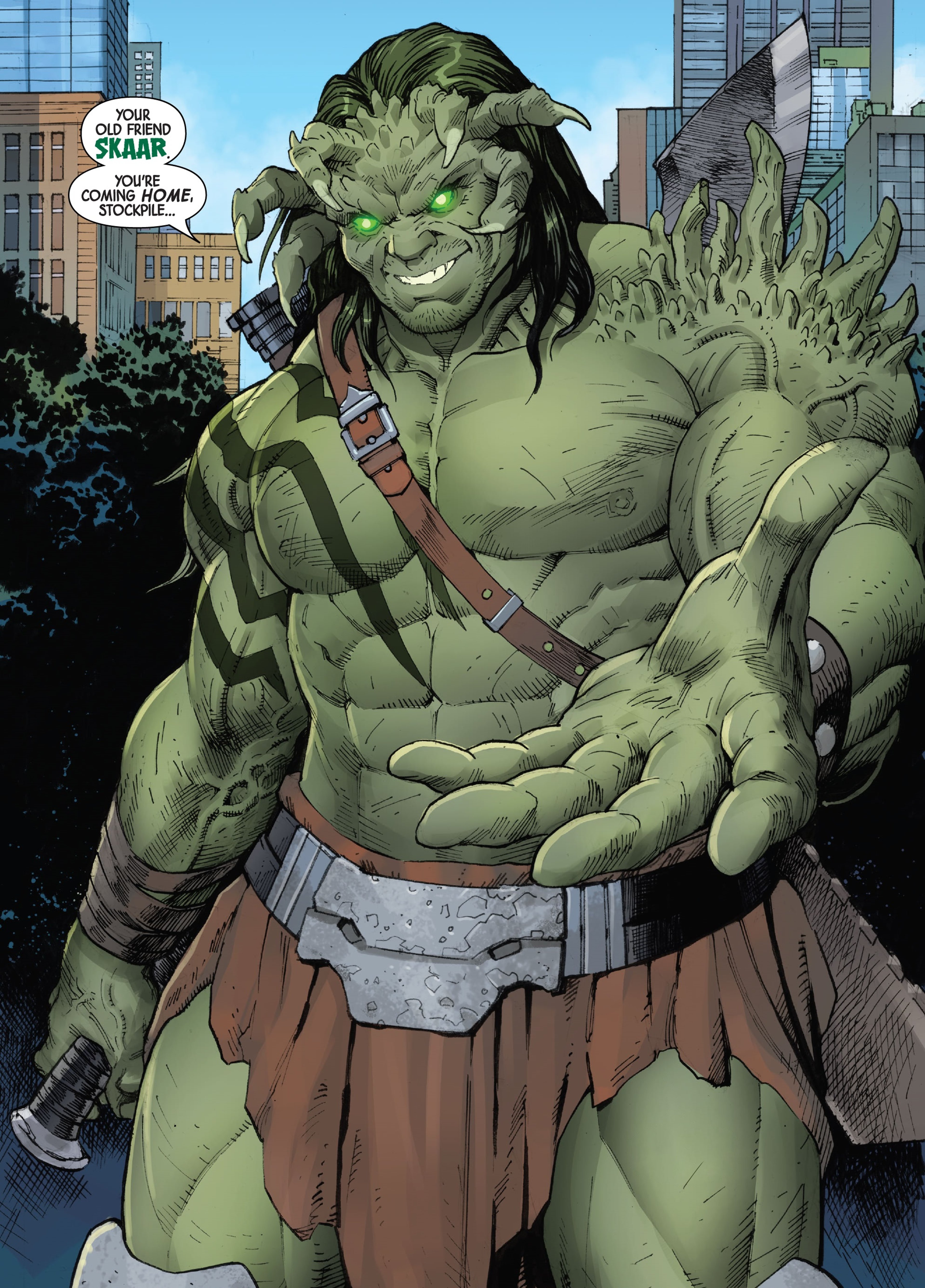 A large, muscular green-skinned humanoid character with tribal tattoos