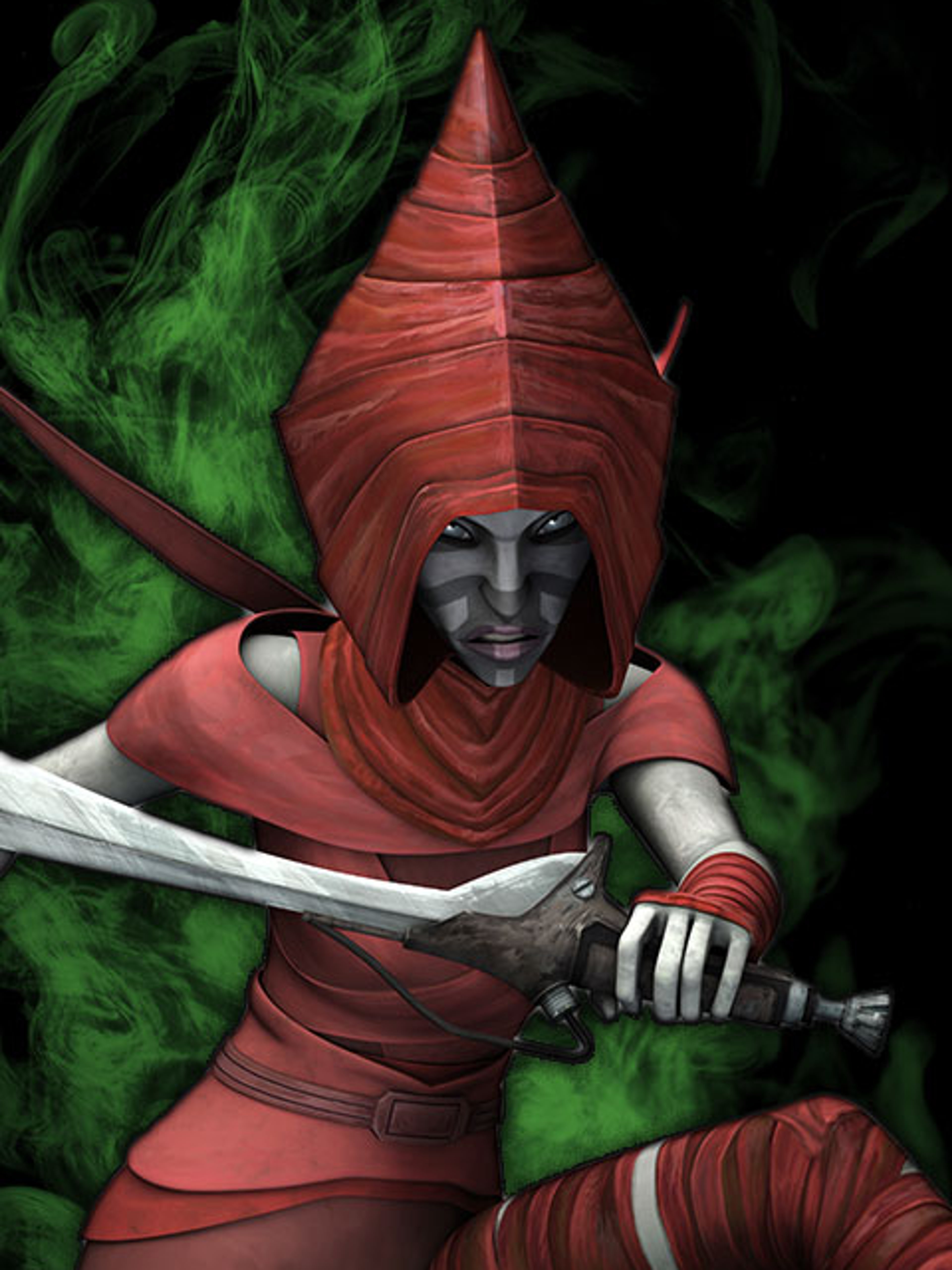 A Dathomirian Zabrak female warrior named Karis in a combat stance, holding a sword.