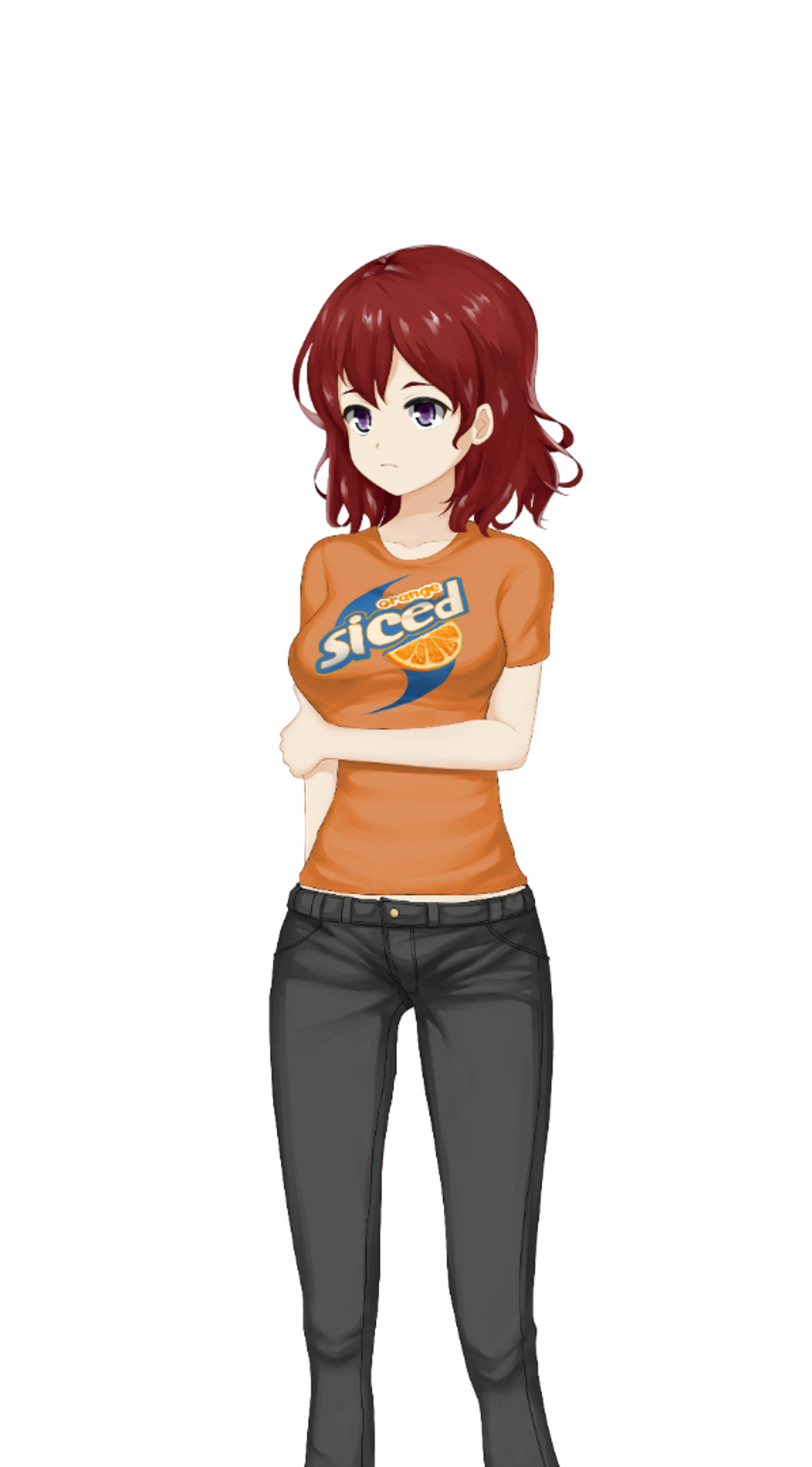 A young teenage girl with red hair and purple eyes wearing an orange shirt and jeans.
