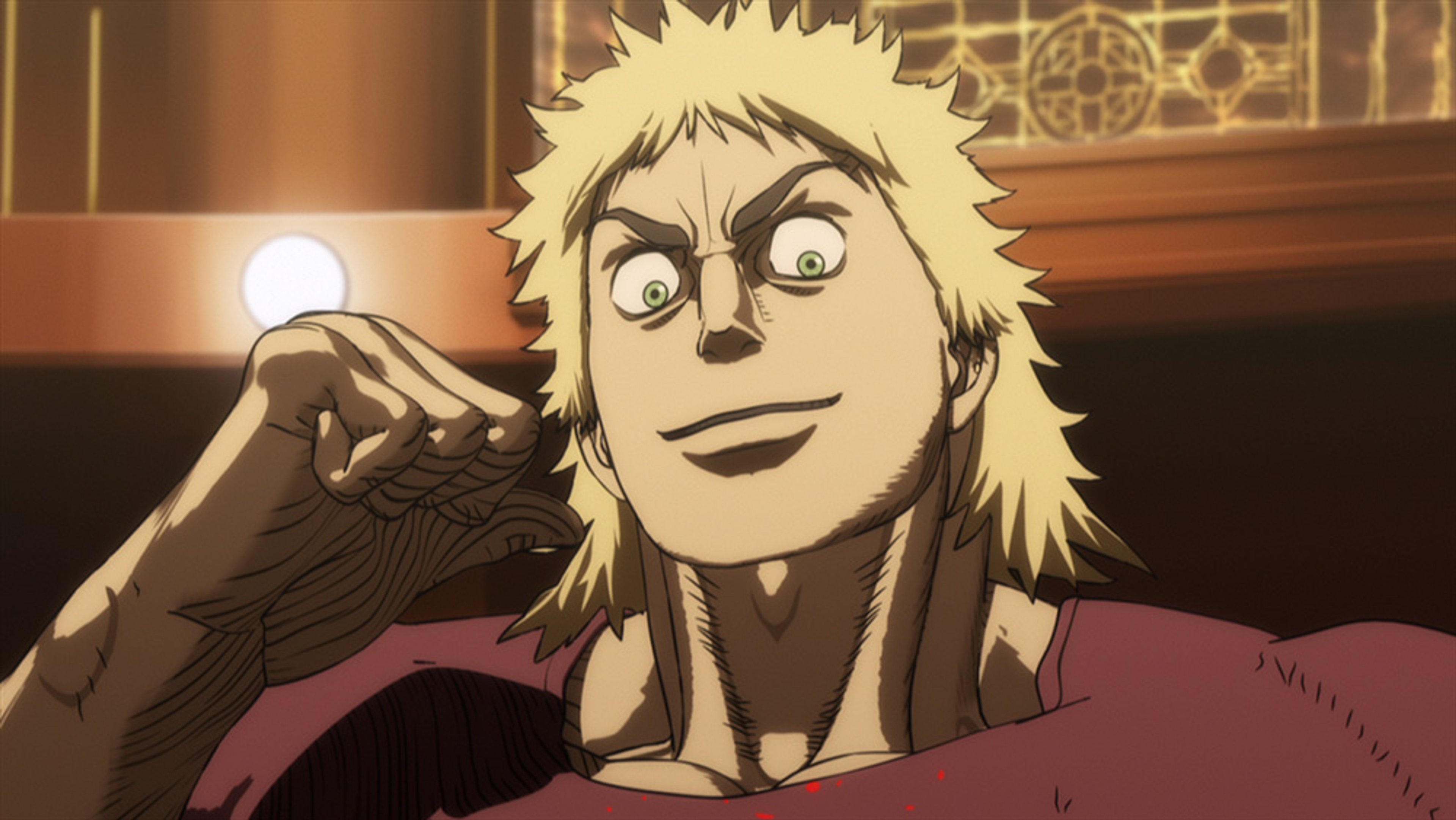 An anime-style character with blond spiky hair and a muscular build, wearing a red jacket or shirt and looking intense.