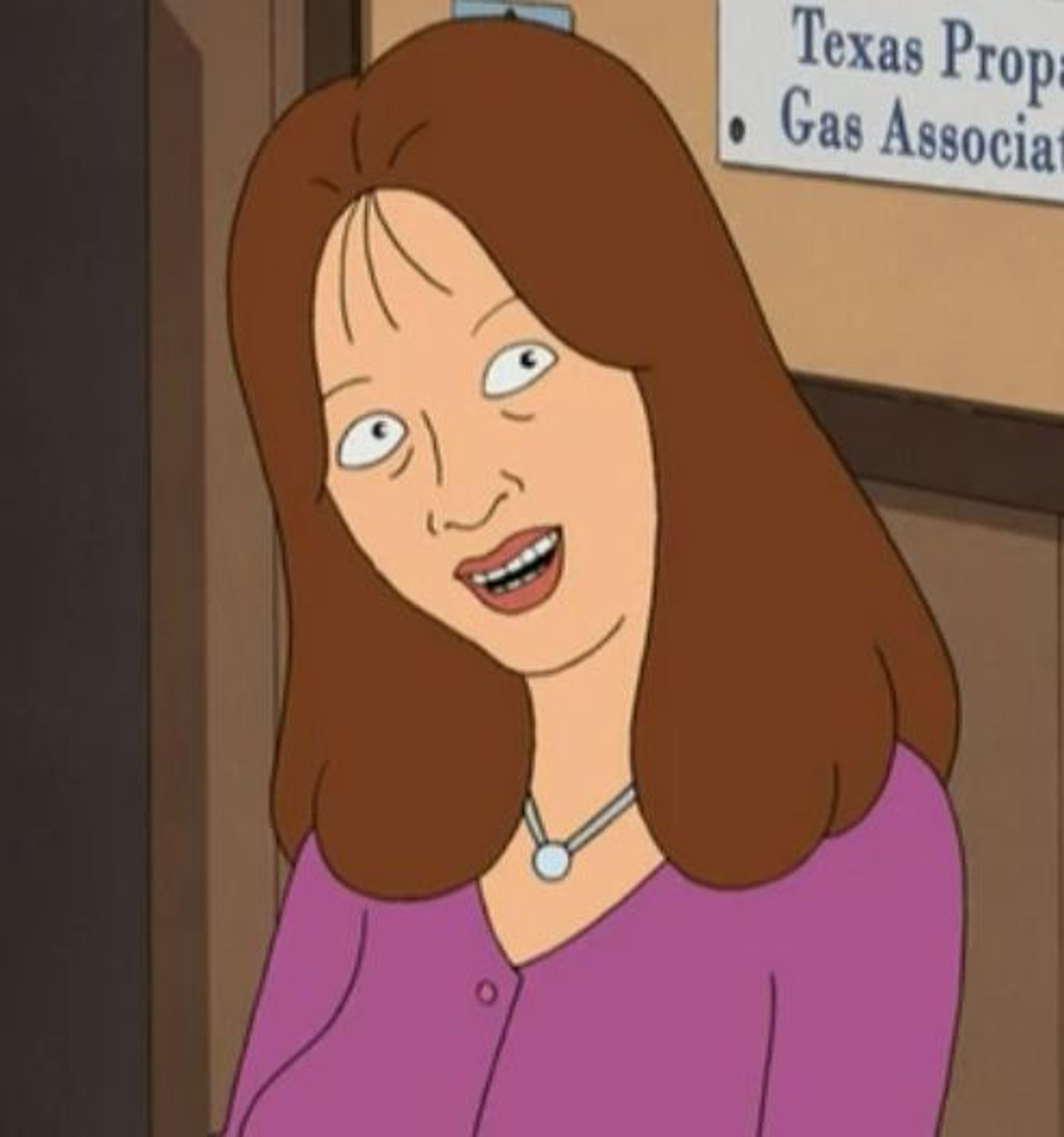 An animated woman with long brown hair and a pink shirt making an exaggerated facial expression