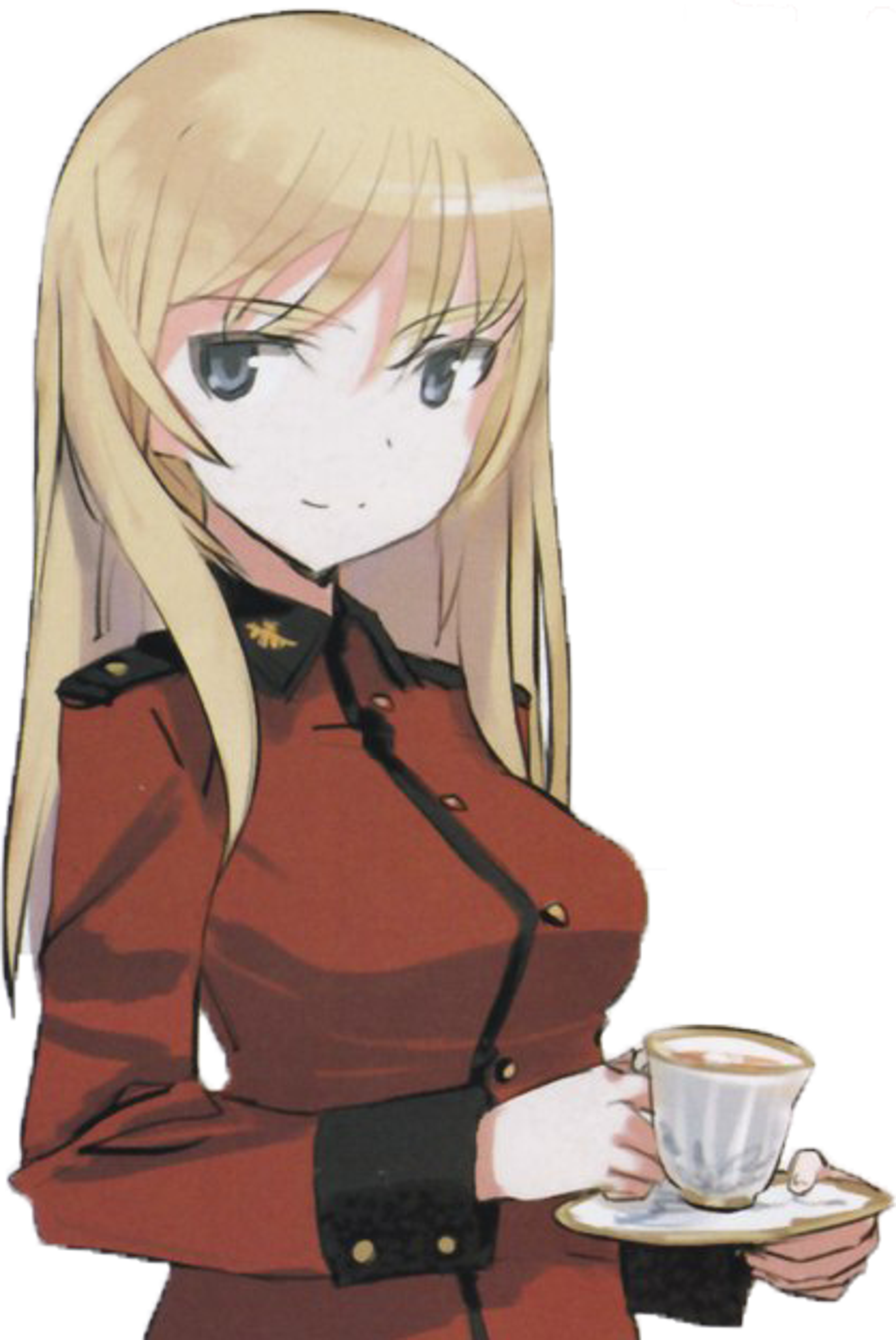 A young woman in a red military-style jacket holding a teacup