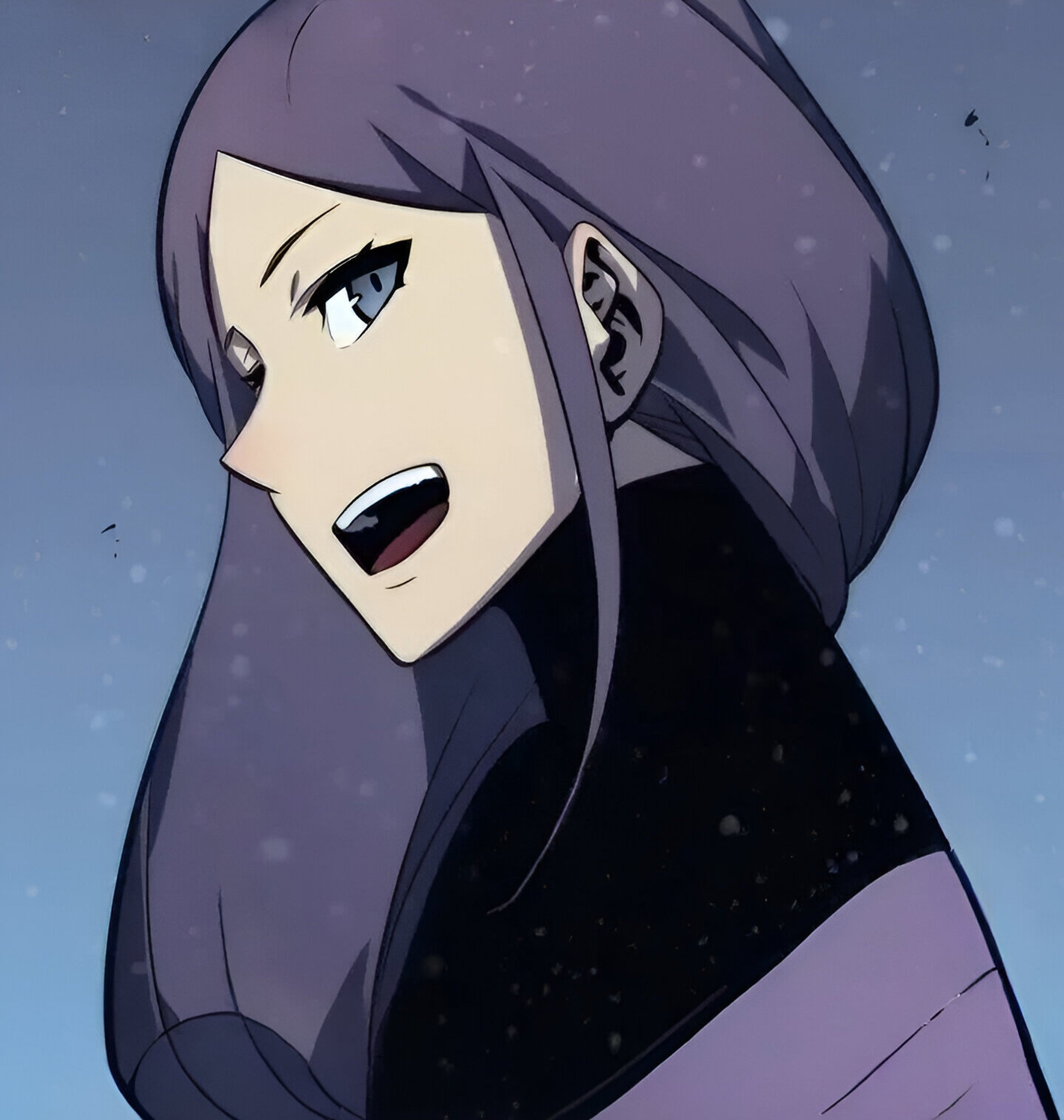 An anime-style character with long purple hair and a serious expression, wearing a black hooded cloak.