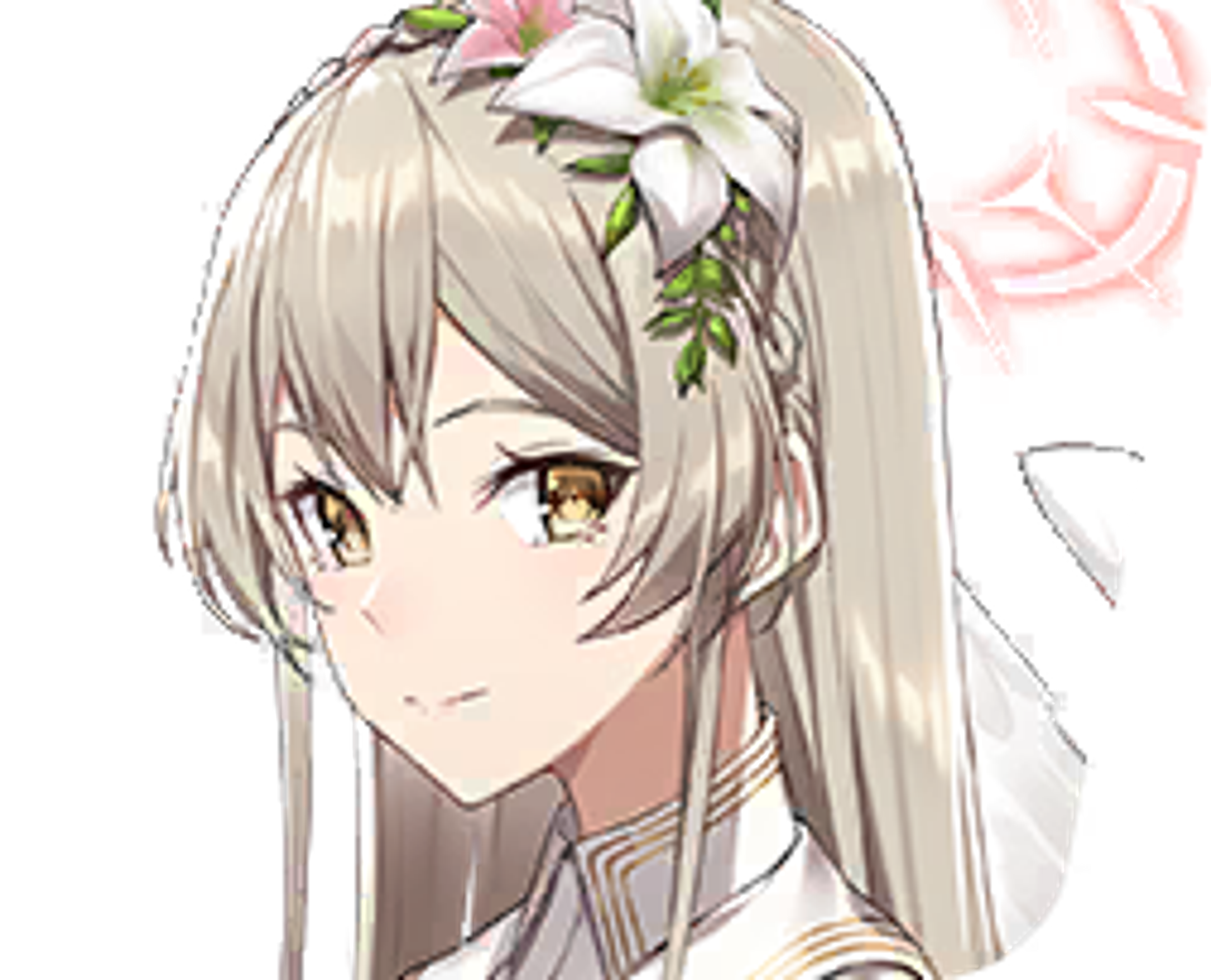 A young woman with silver hair and a dignified expression, wearing a white and pink outfit with floral accents.