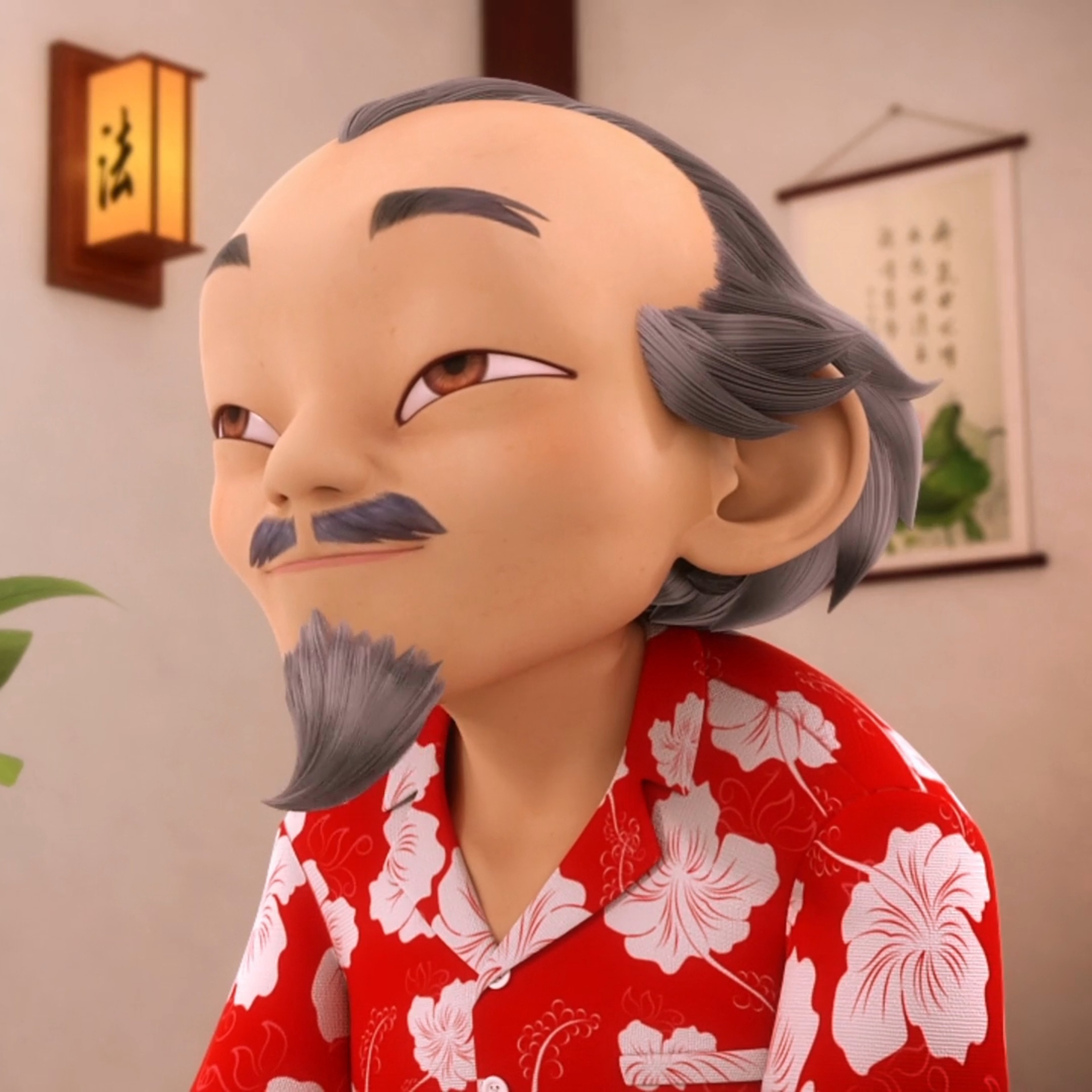 An elderly Asian man with a bald head, thick eyebrows, and a long white mustache wearing a red and white floral patterned shirt.