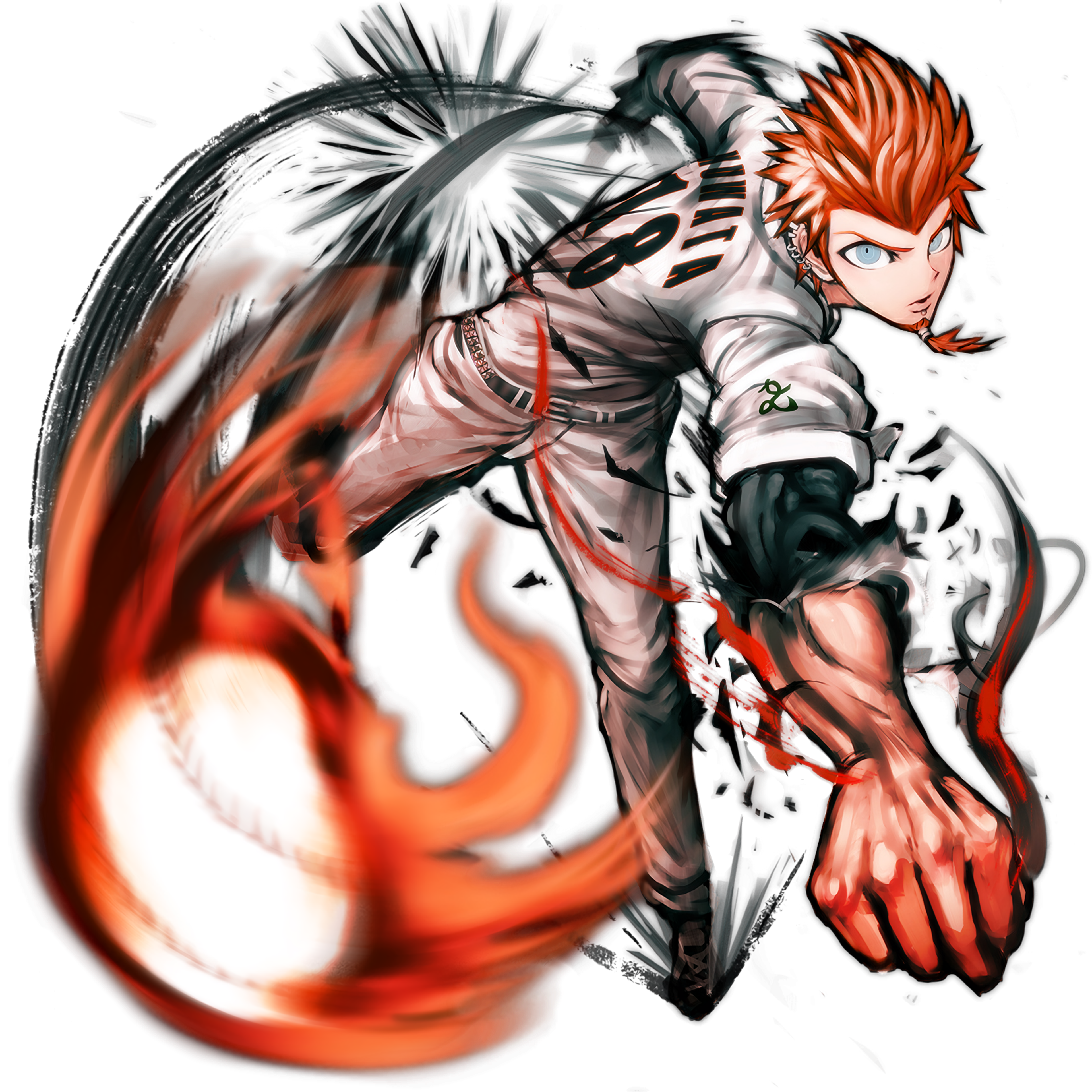 A young man with spiky red hair in a fighting pose with a fiery aura around him