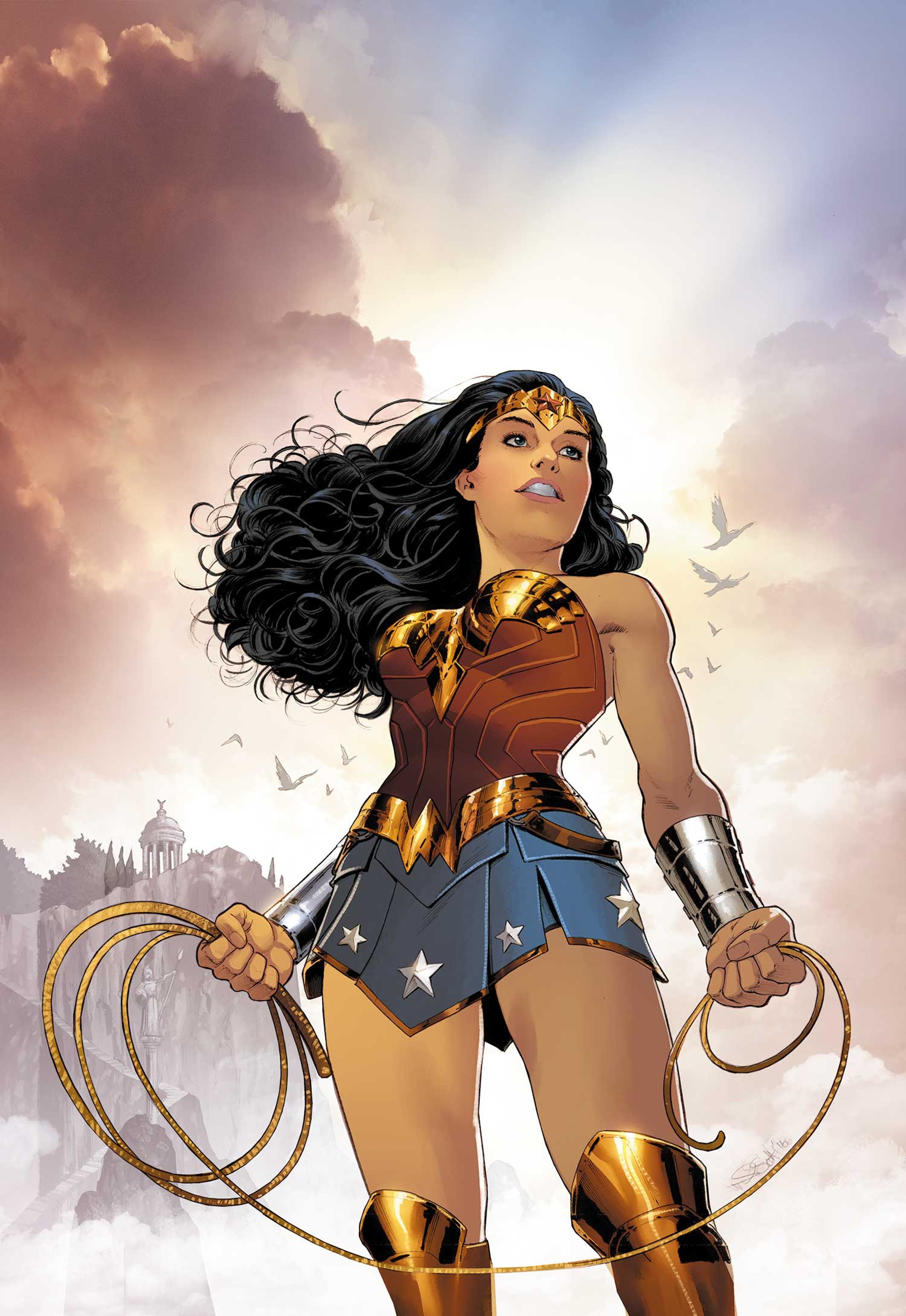 A female superhero character in a red and blue costume with a golden eagle emblem, standing in a heroic pose.