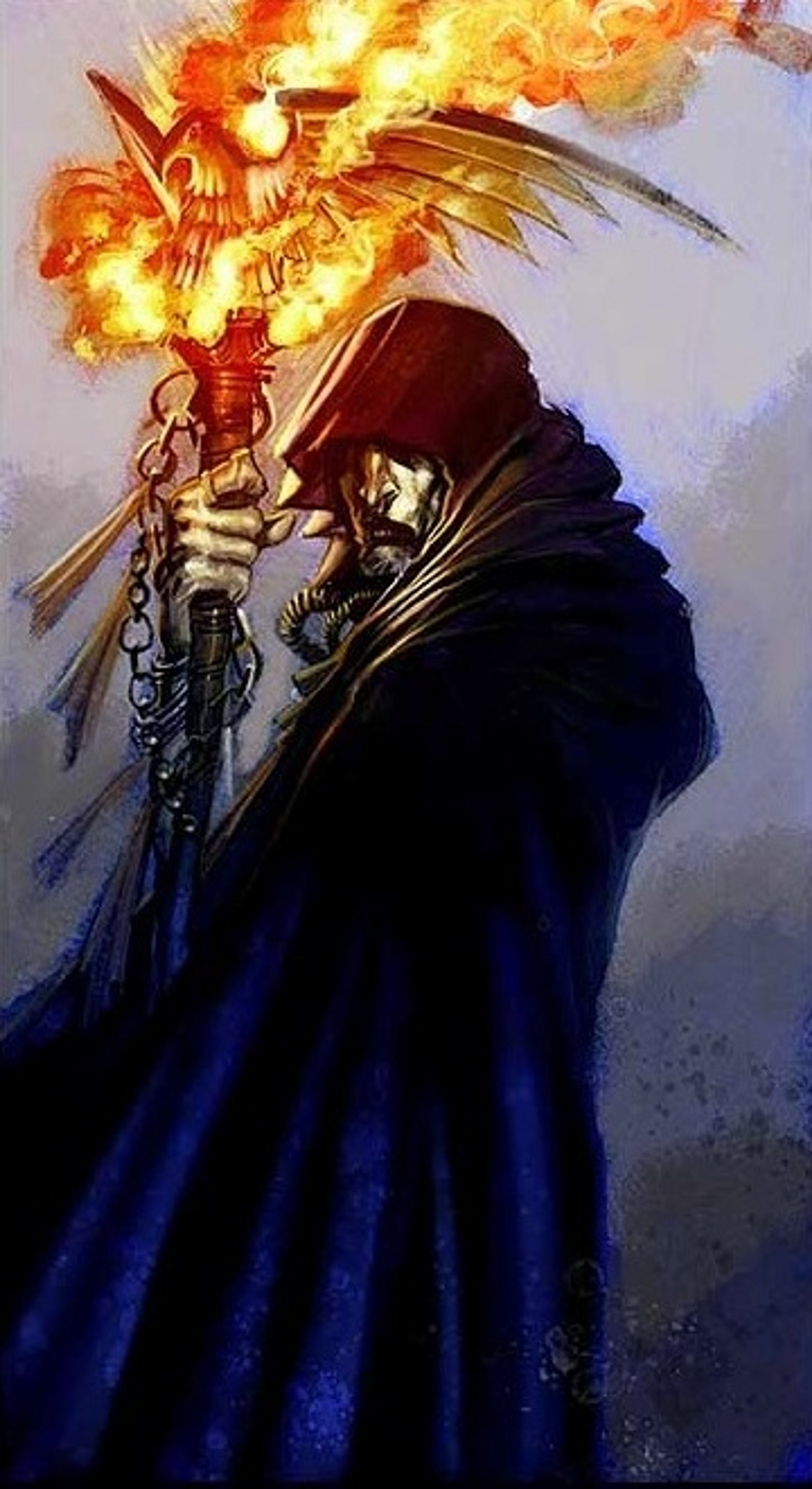 A hooded, elderly figure holding a staff with a golden eagle symbol, surrounded by an explosion of fire and energy.