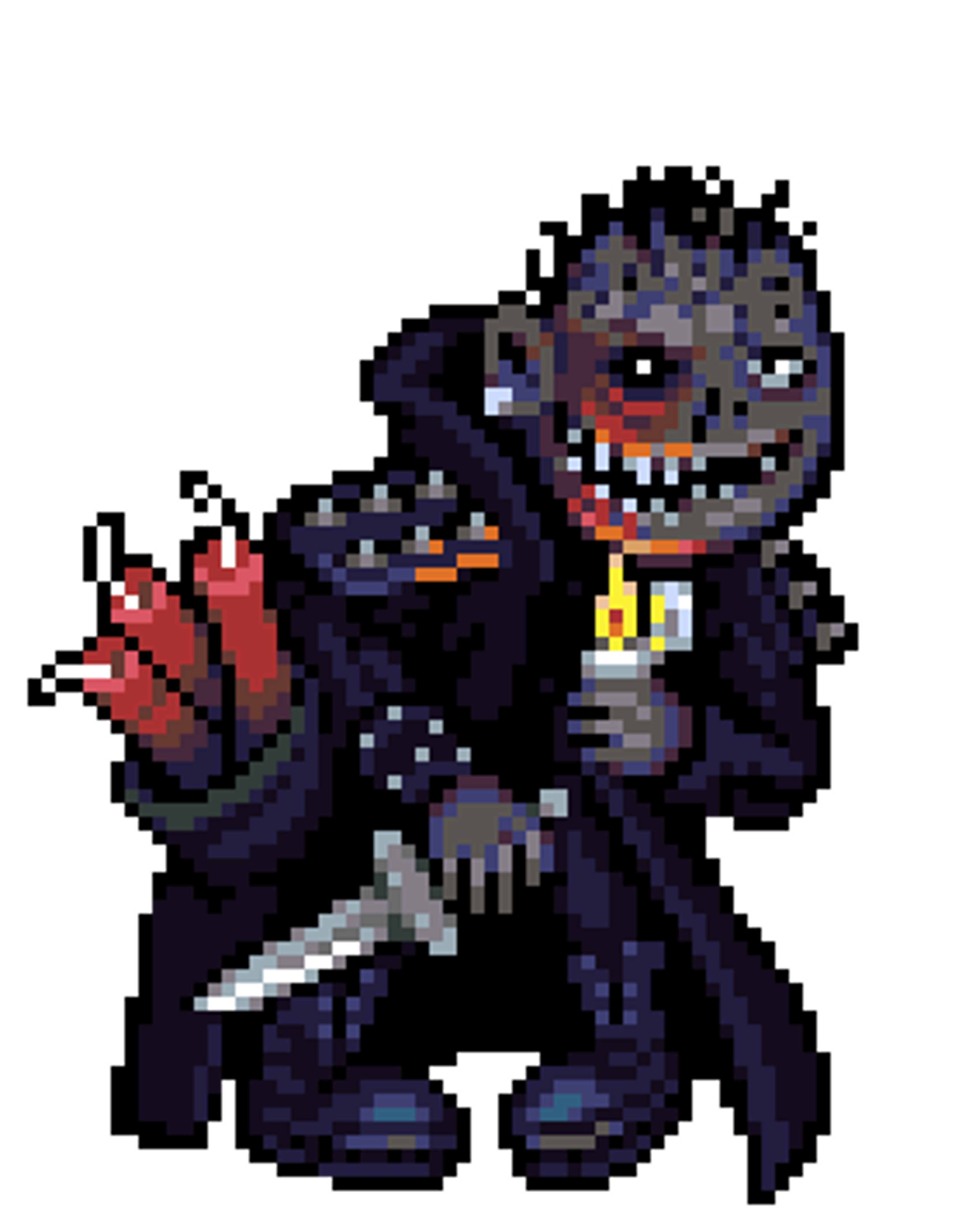 A detailed pixel art character with a punk-inspired appearance, including a scarred face and mohawk hairstyle.