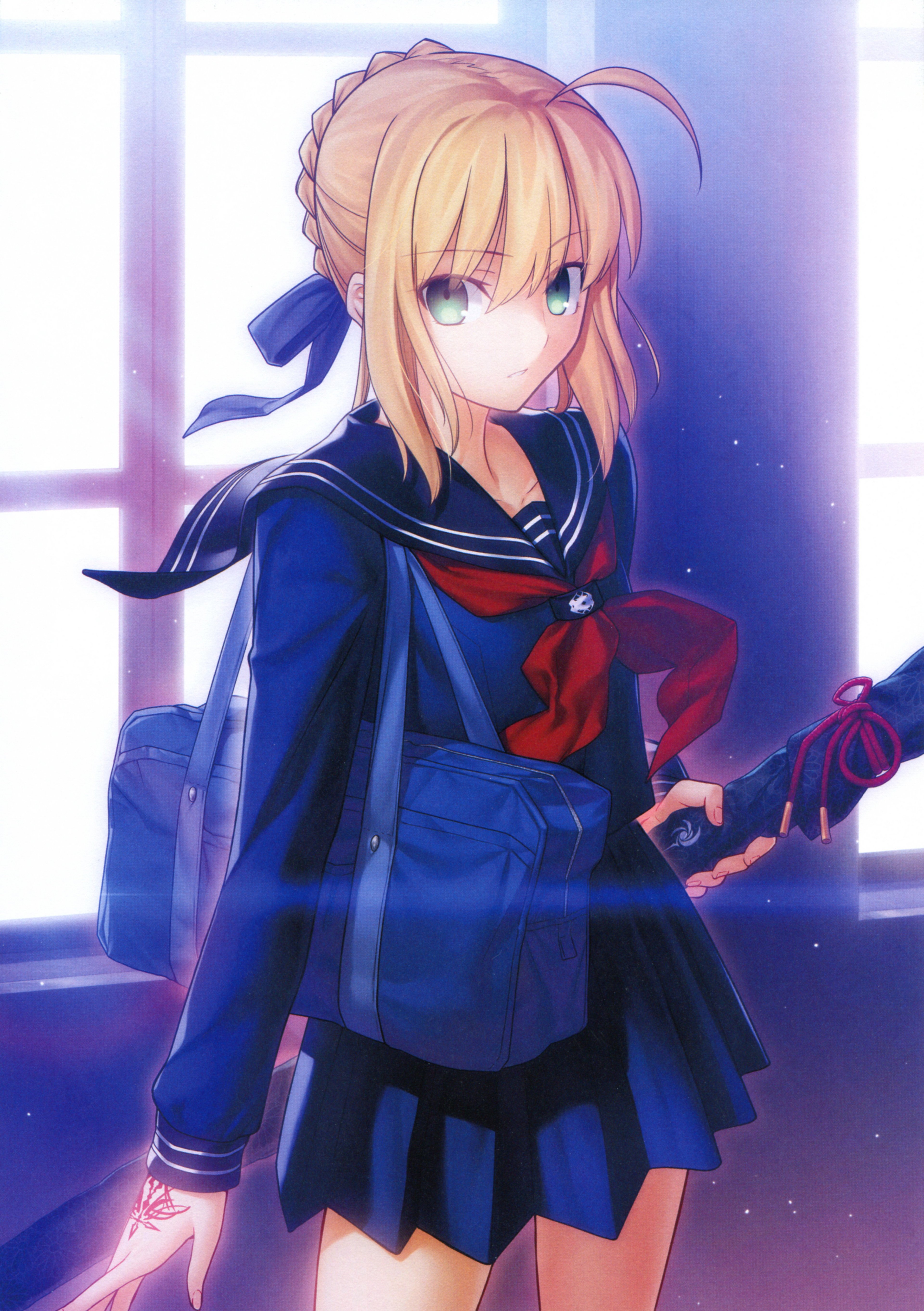 A young woman in a school uniform holding a sword