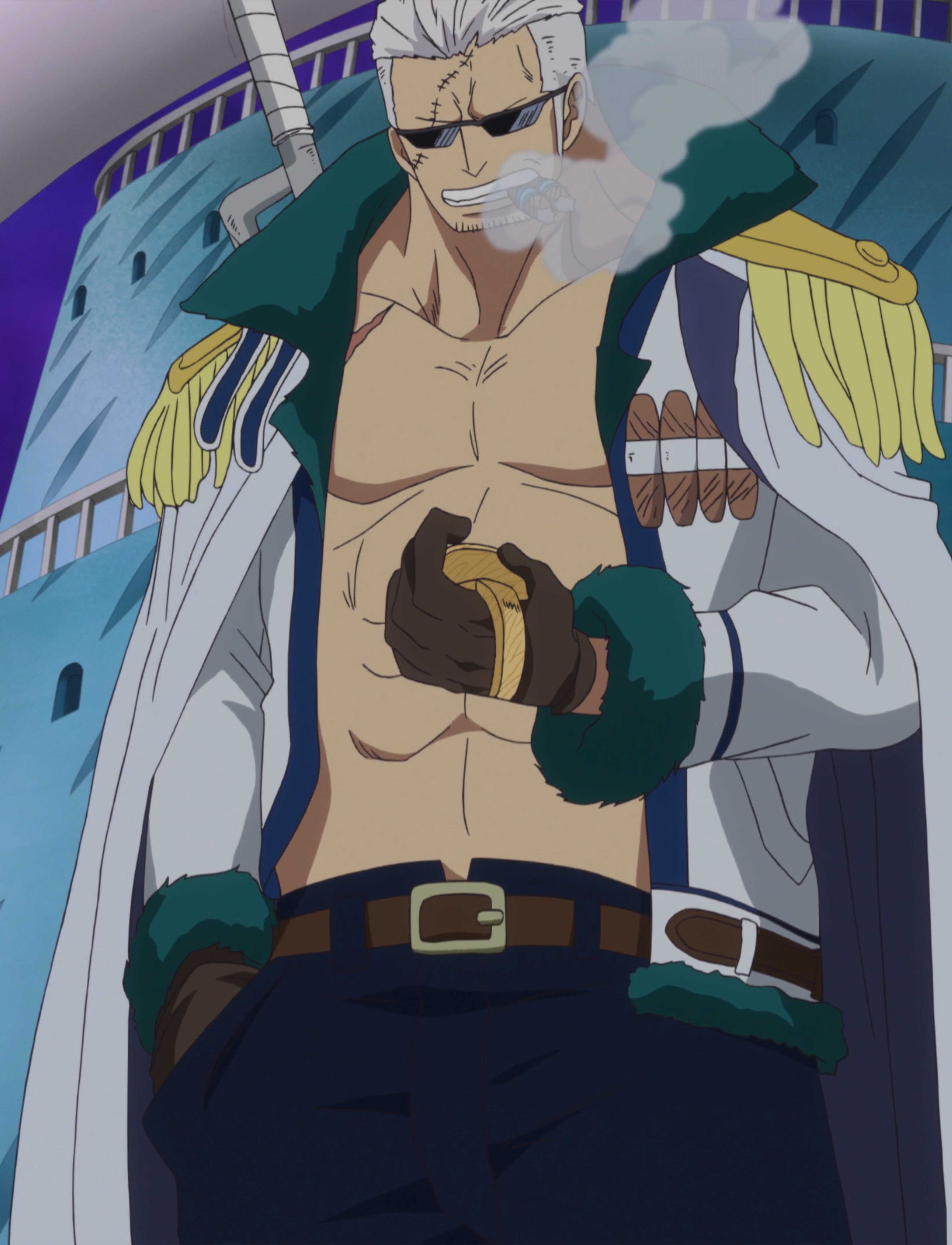 A muscular, shirtless man with white hair and a stern expression, wearing a green military jacket and black pants.