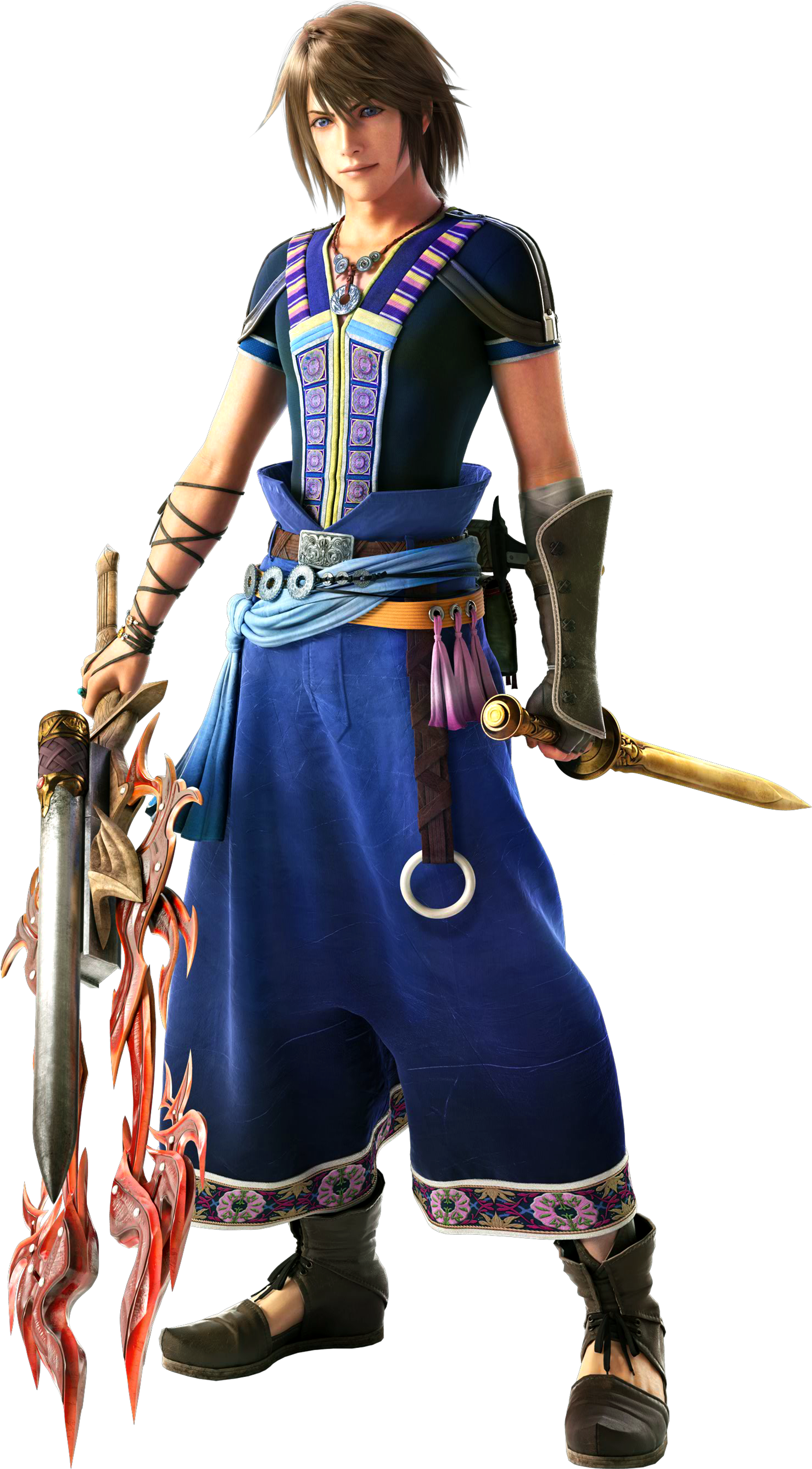A young man in a blue and purple outfit holding a dual-bladed weapon