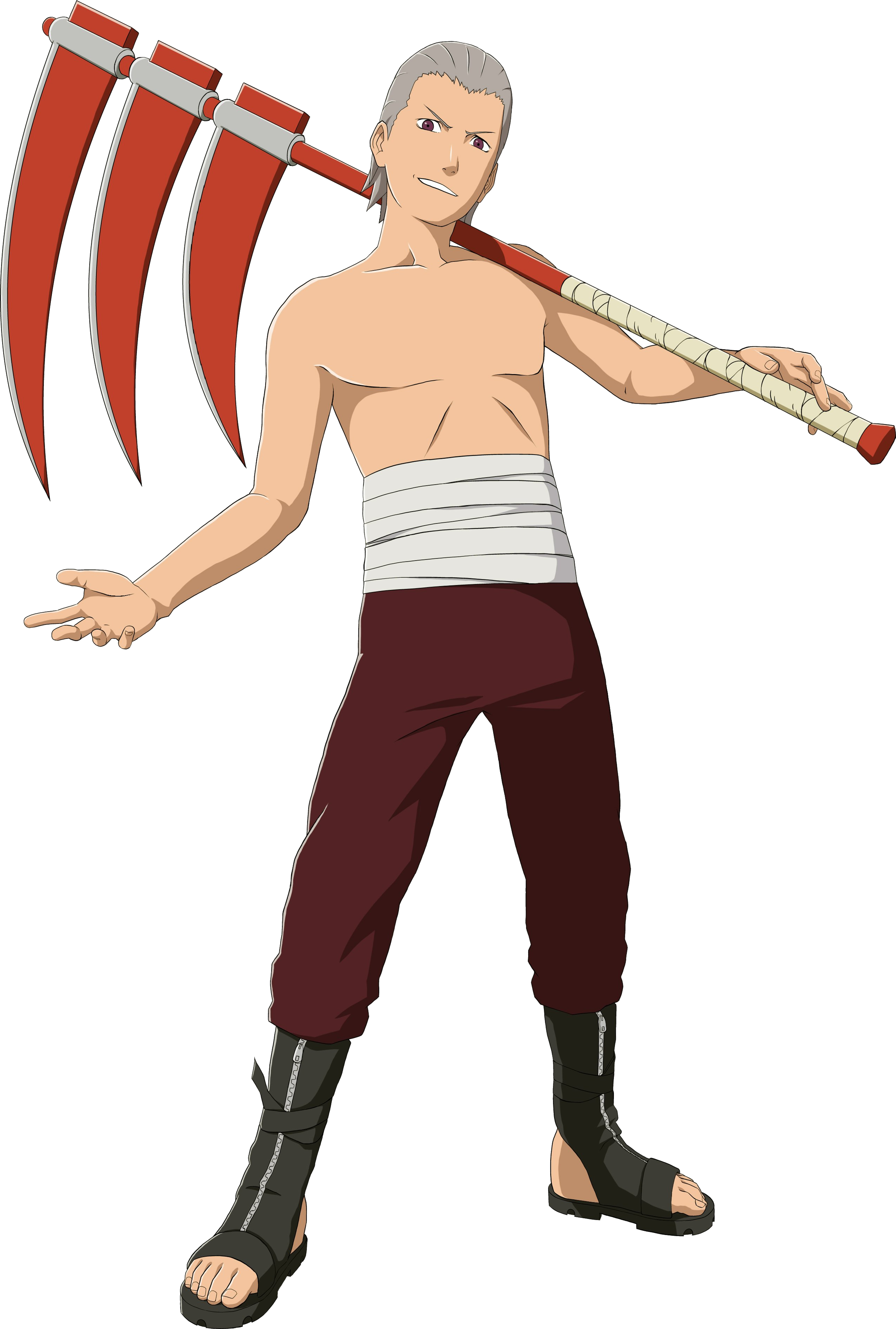 A shirtless male character with silver hair and purple eyes holding a large triple-bladed scythe