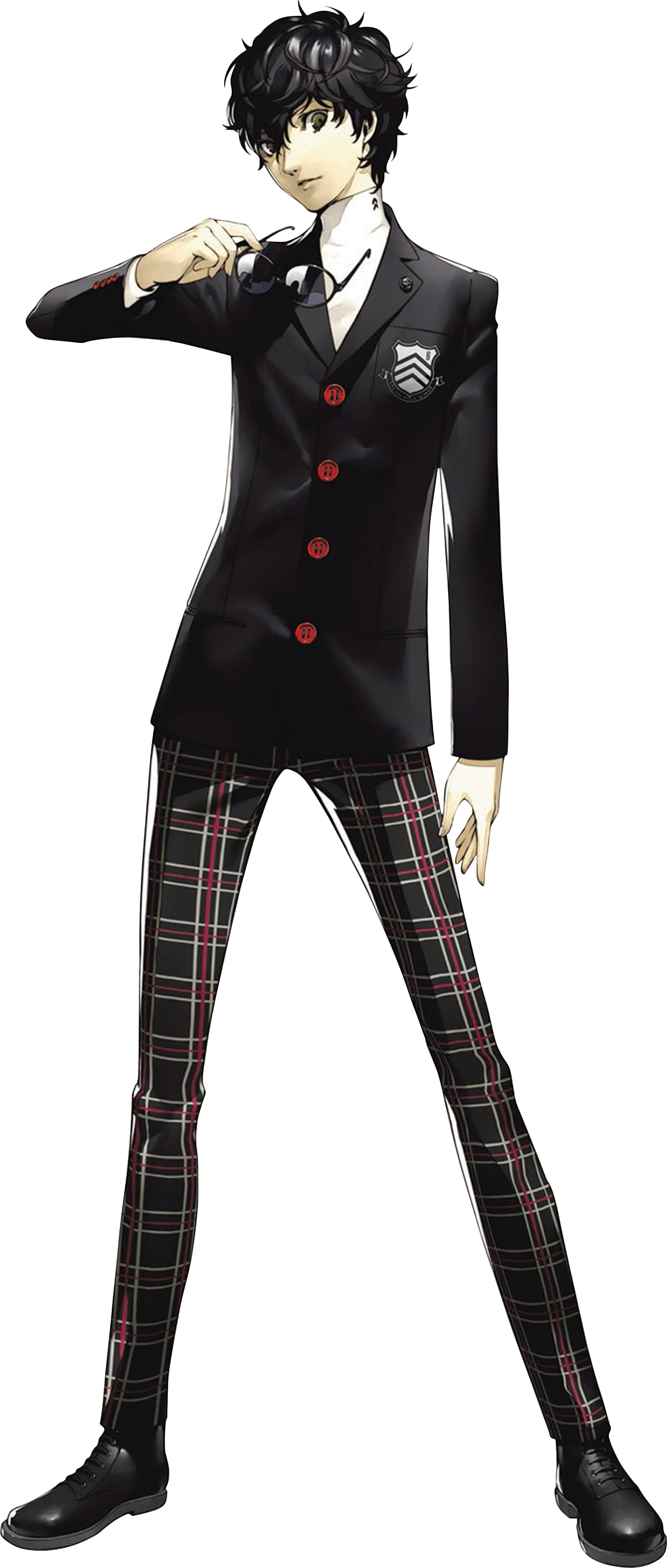 An anime-style character with messy black hair, glasses, and a sharp, rebellious appearance wearing a black suit jacket and plaid pants.