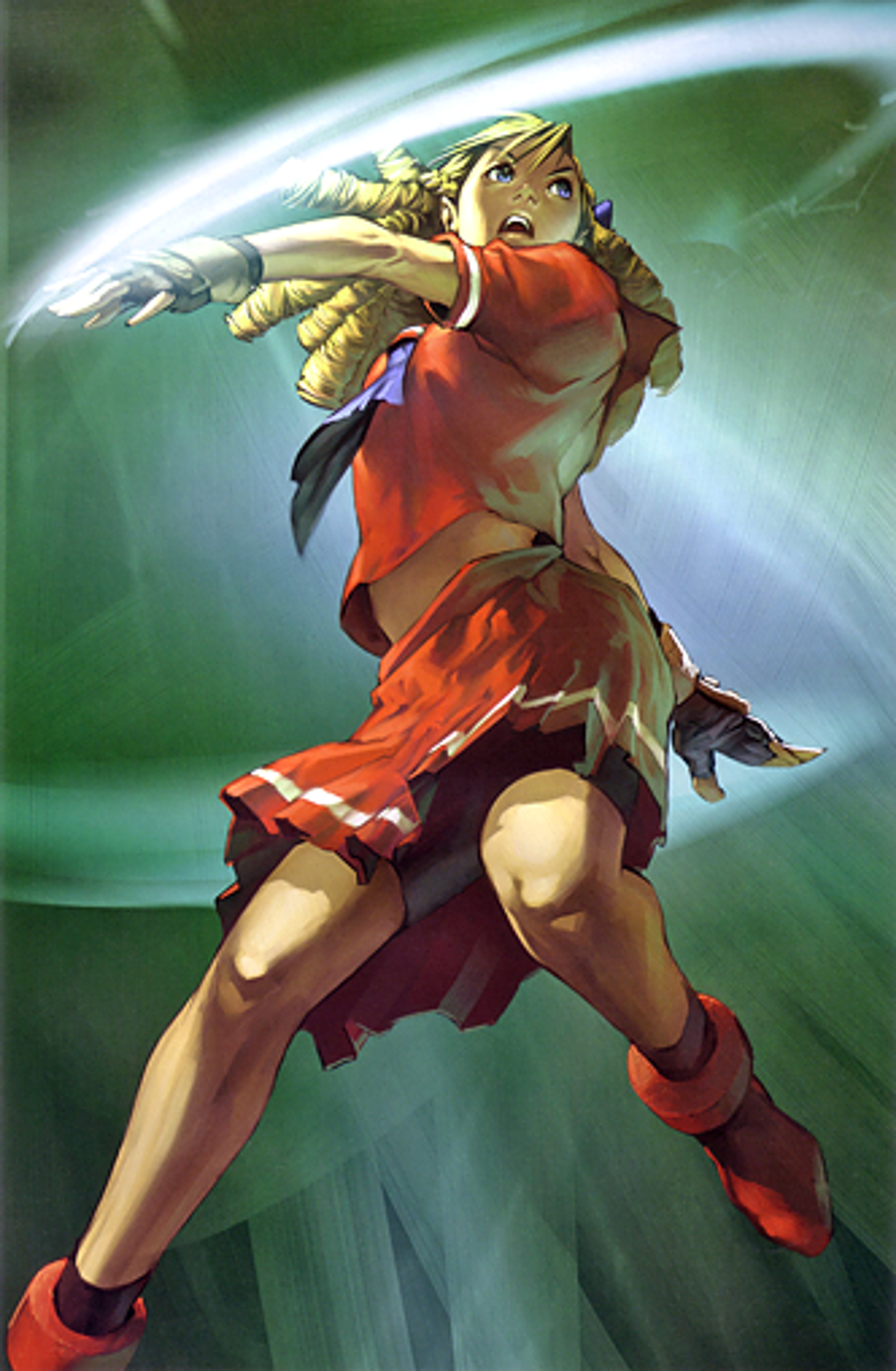 A female martial artist character in a red dress wielding a weapon