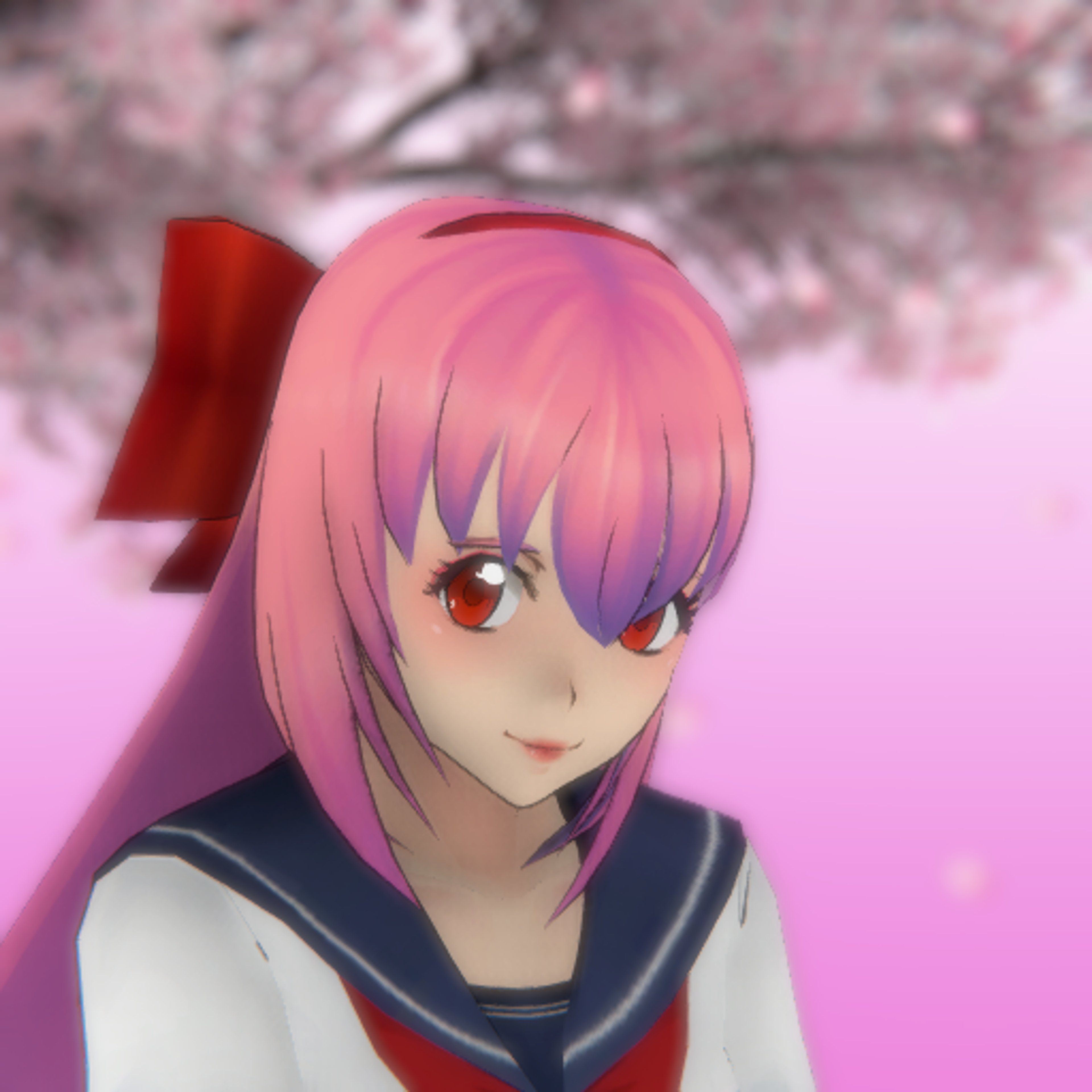 An anime-style character with pink hair and color-changing eyes, wearing a school uniform.