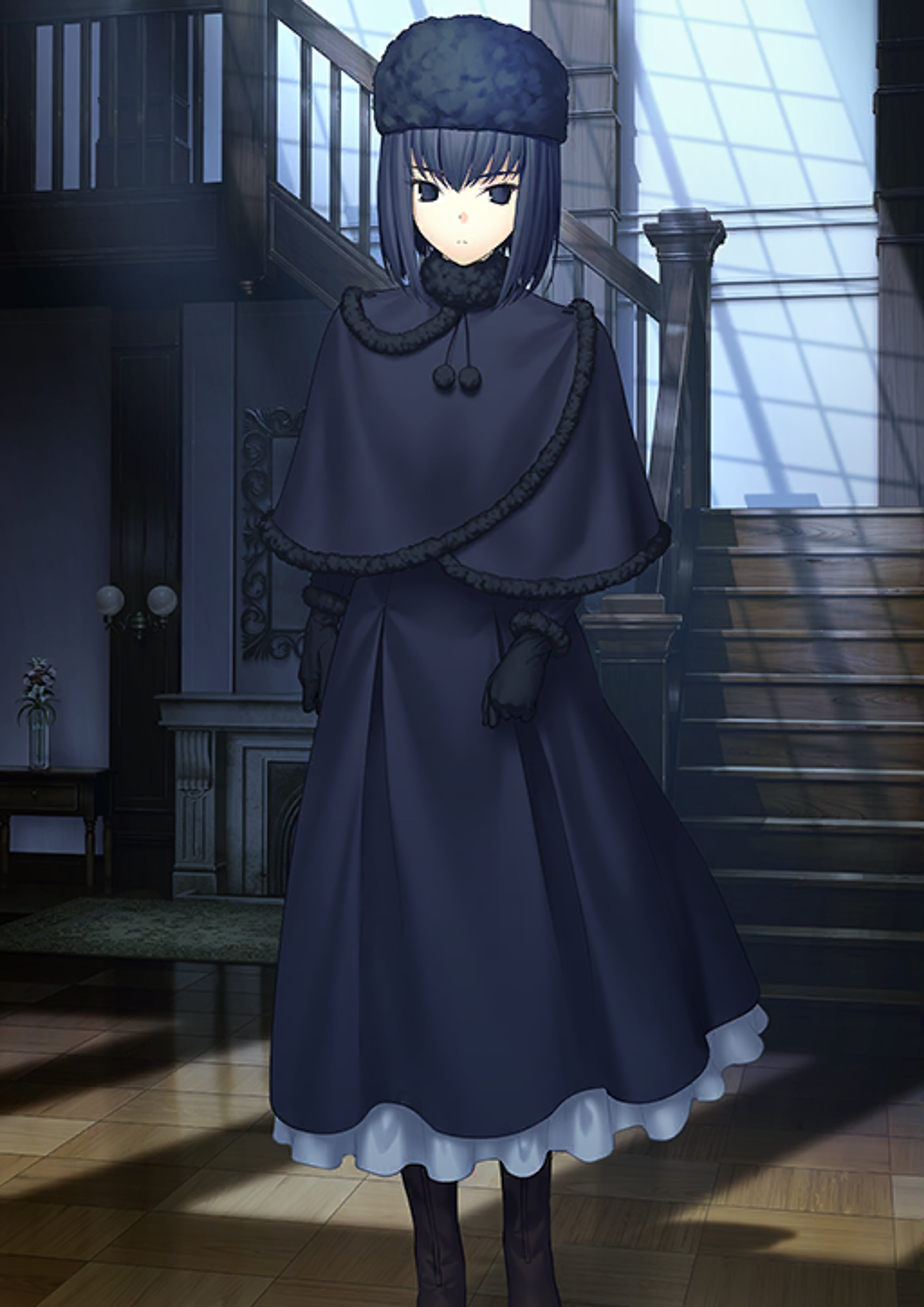 A young woman in a dark hooded cloak standing in front of a mansion