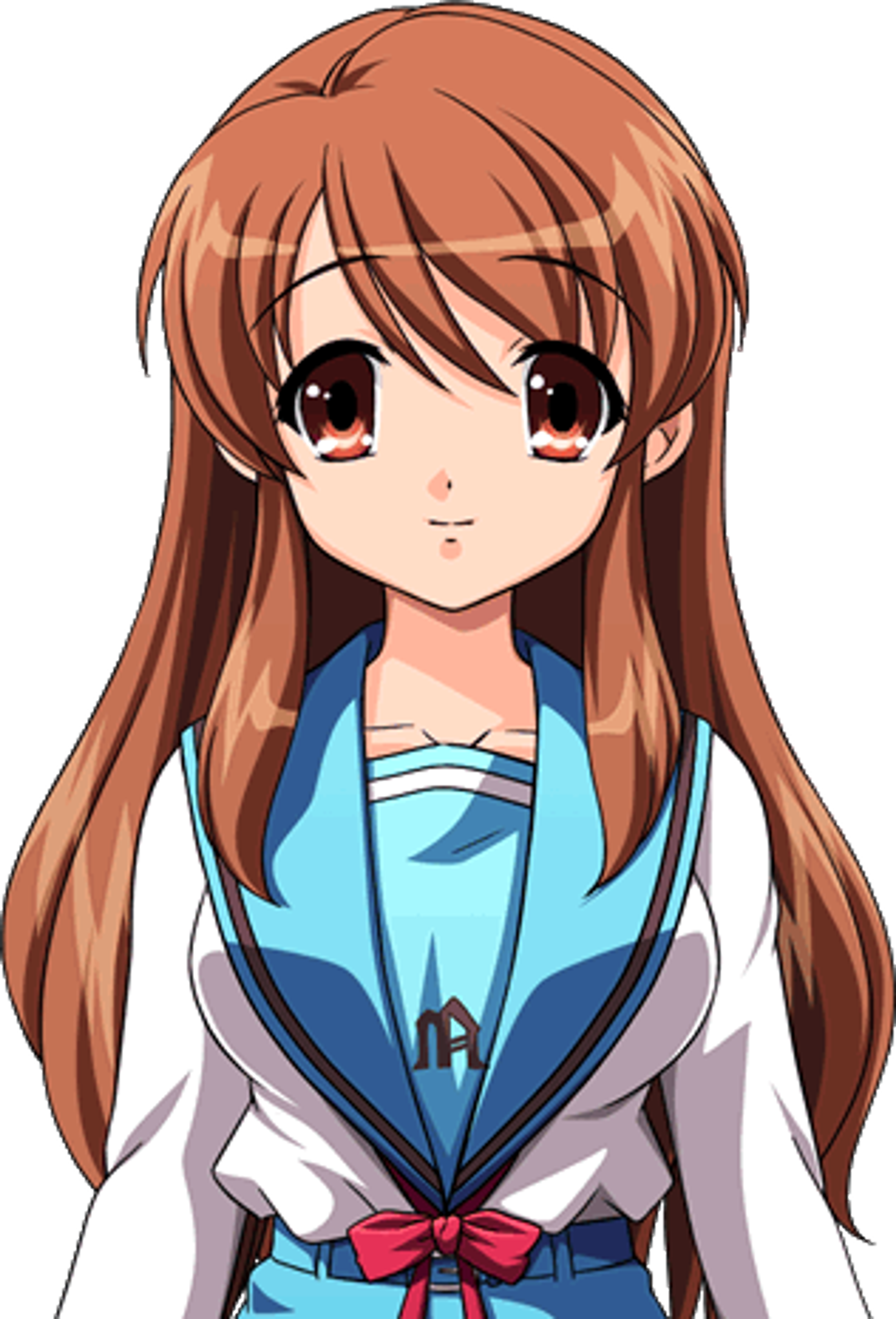 An anime-style character with long brown hair and a shy expression, wearing a blue school uniform.