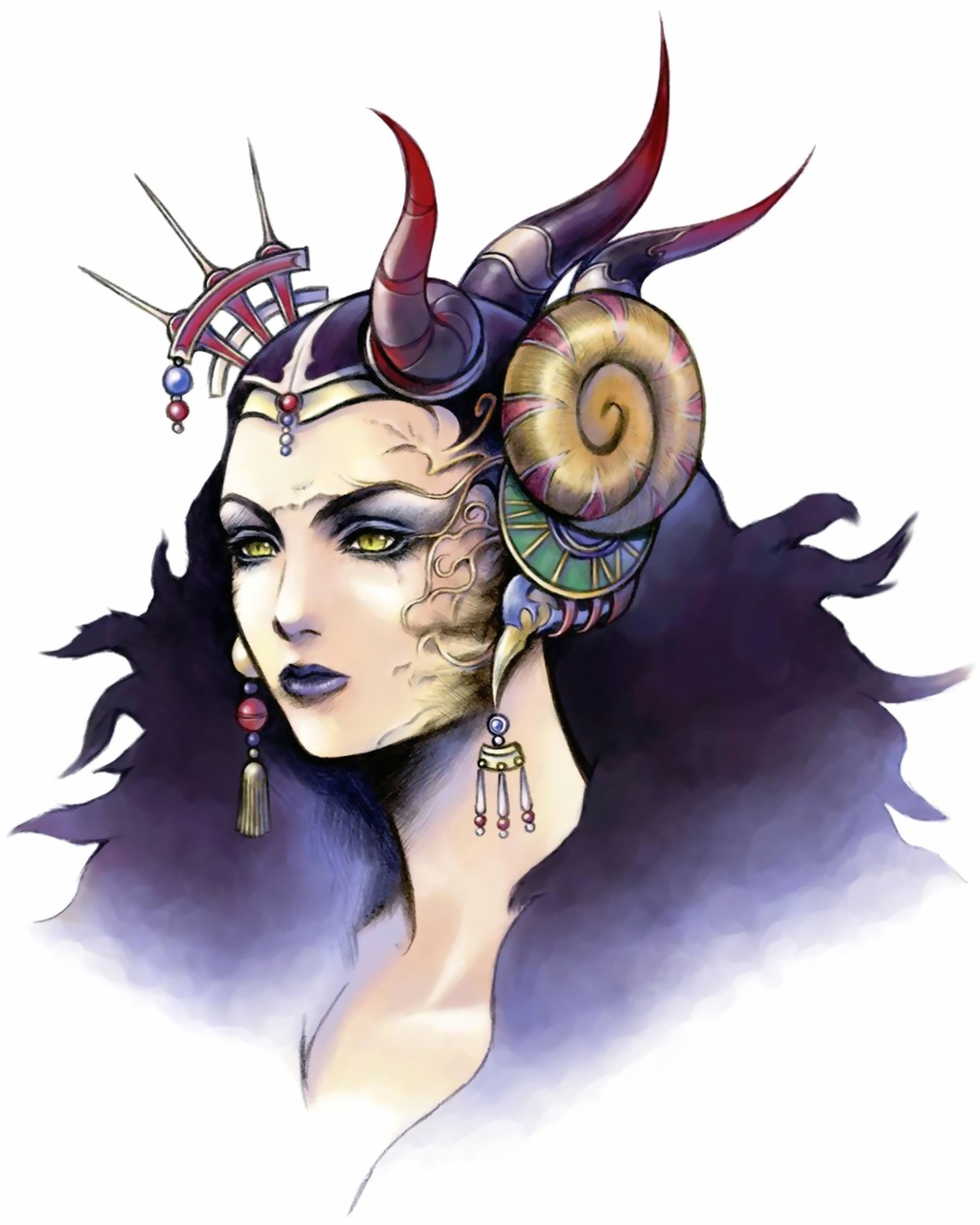 A detailed portrait of a powerful, elegant sorceress-like woman with a regal, supernatural appearance.