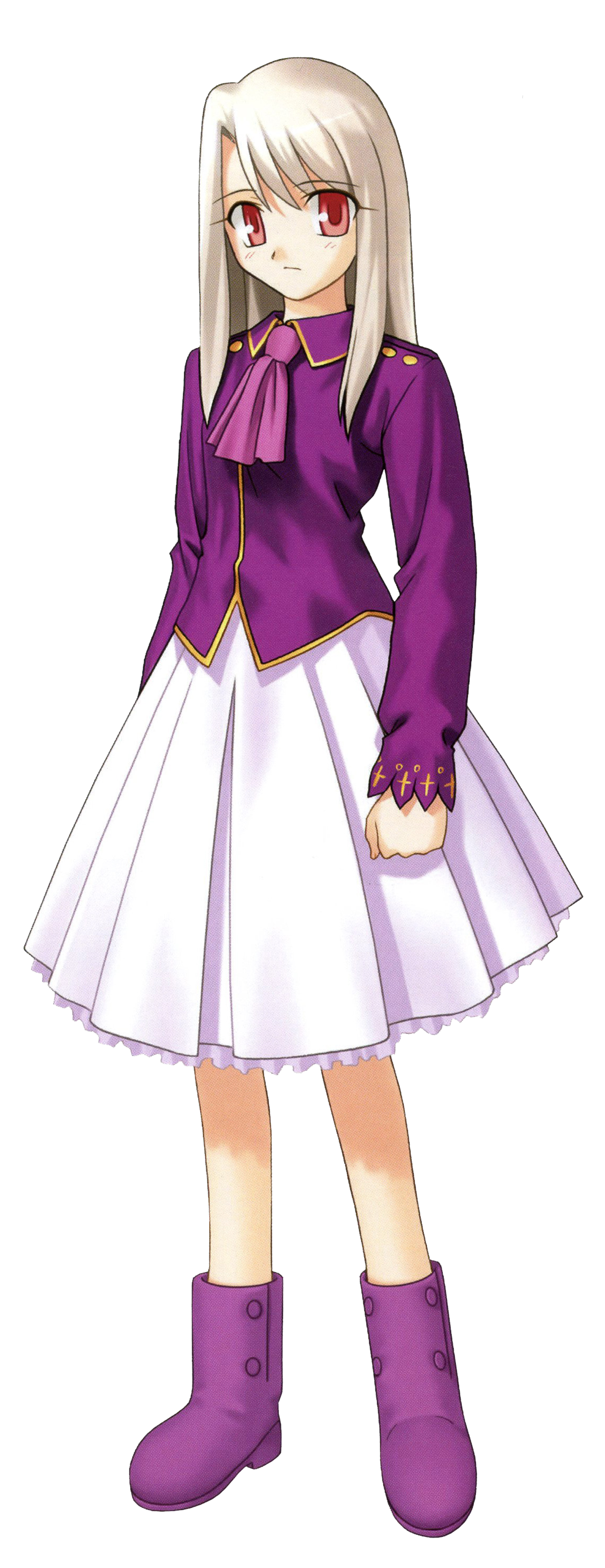 A young anime-style female character with silver hair and red eyes, wearing a purple dress