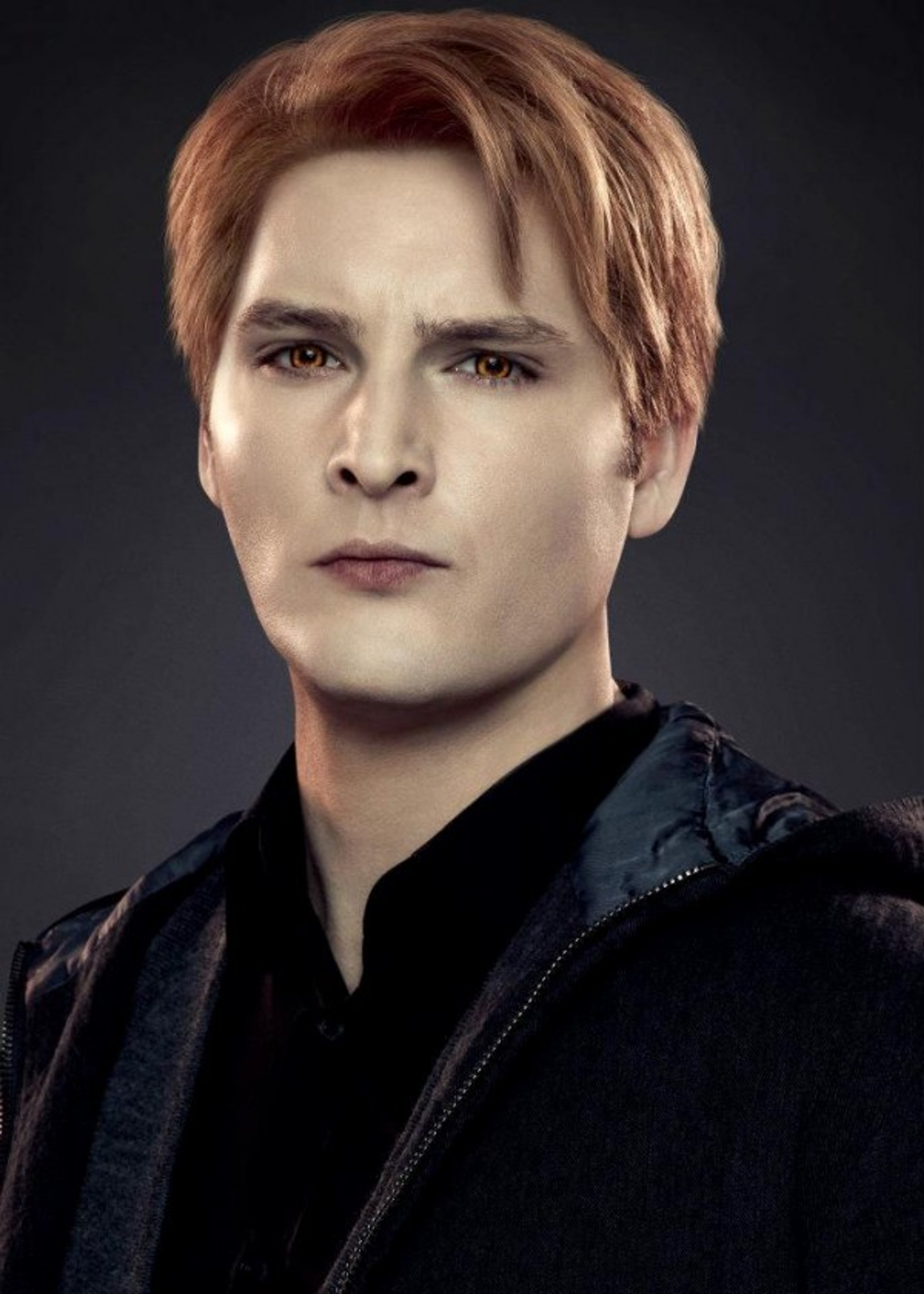 A portrait of a man with pale skin, golden eyes, and reddish-brown hair wearing a dark jacket