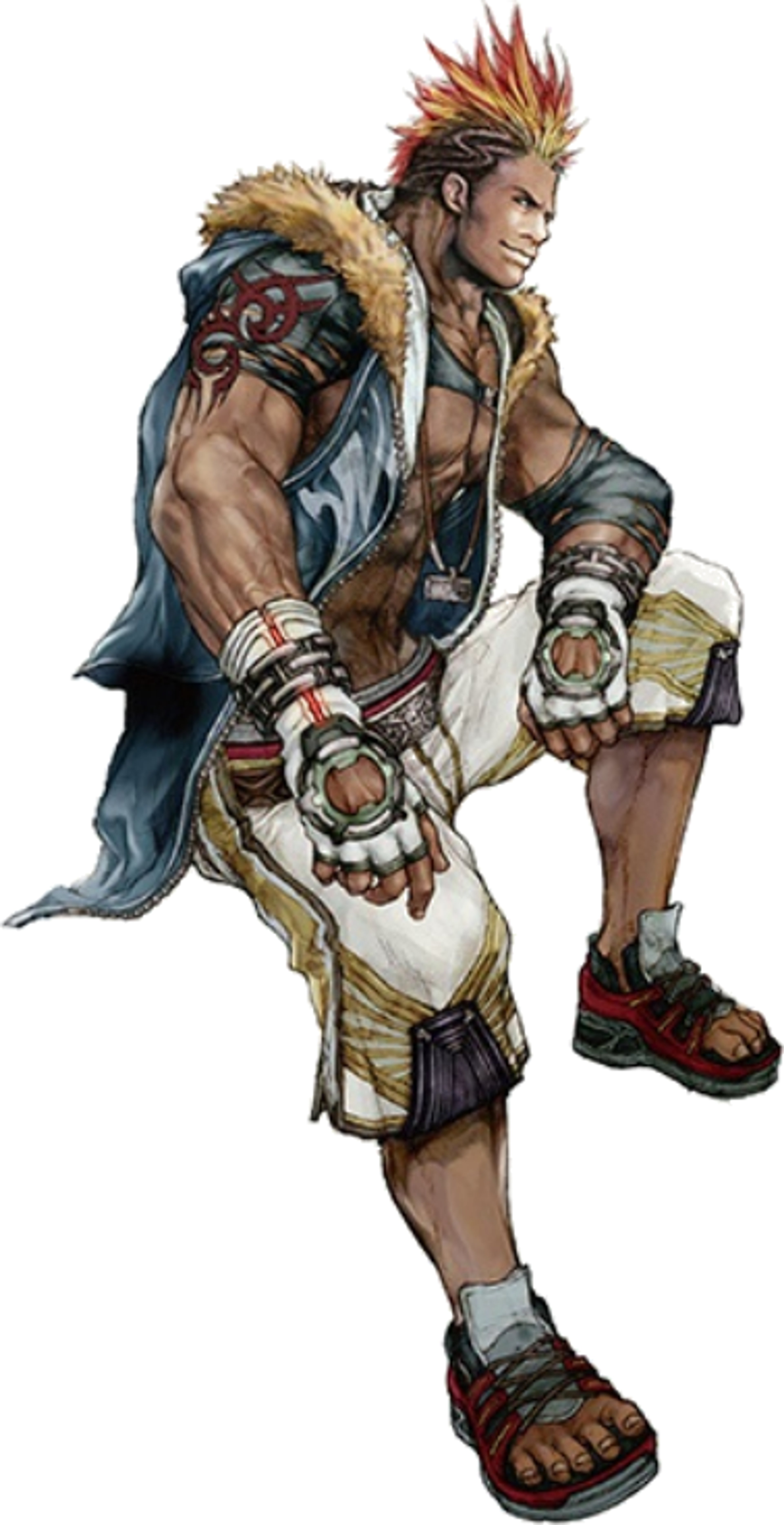 A muscular, imposing male character with fiery red hair and dark skin, wearing teal clothing inspired by NBA and hip-hop fashion.