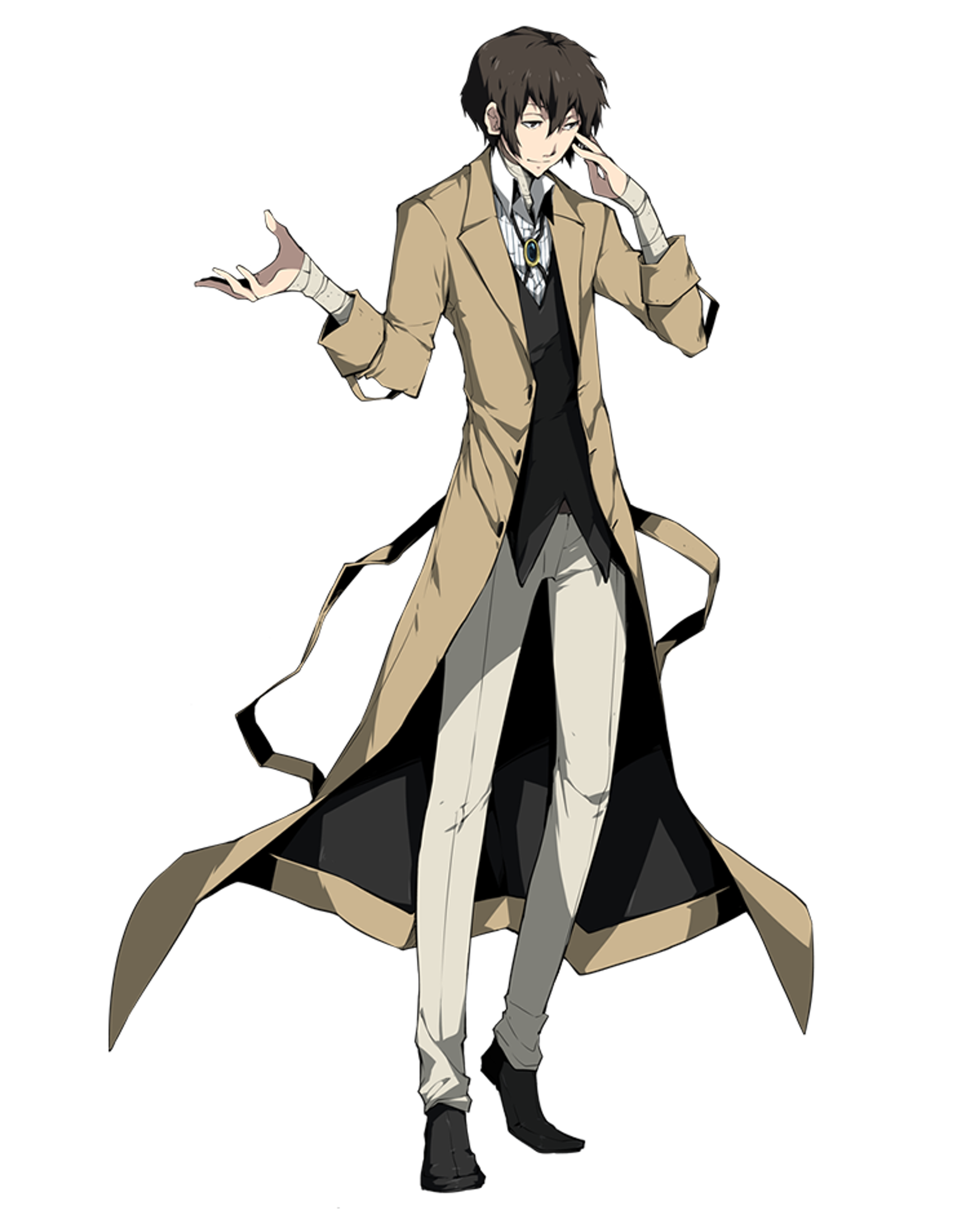 Was an executive in the Port Mafia mafia syndicate from age 15 alongside Chuuya Nakahara.,Attempted suicide multiple times from a young age.,Witnessed the death of Oda Sakunosuke, his former partner and only friend.,Defected from the Mafia after an unknown dispute.,Joined the Armed Detective Agency and now helps solve crimes.