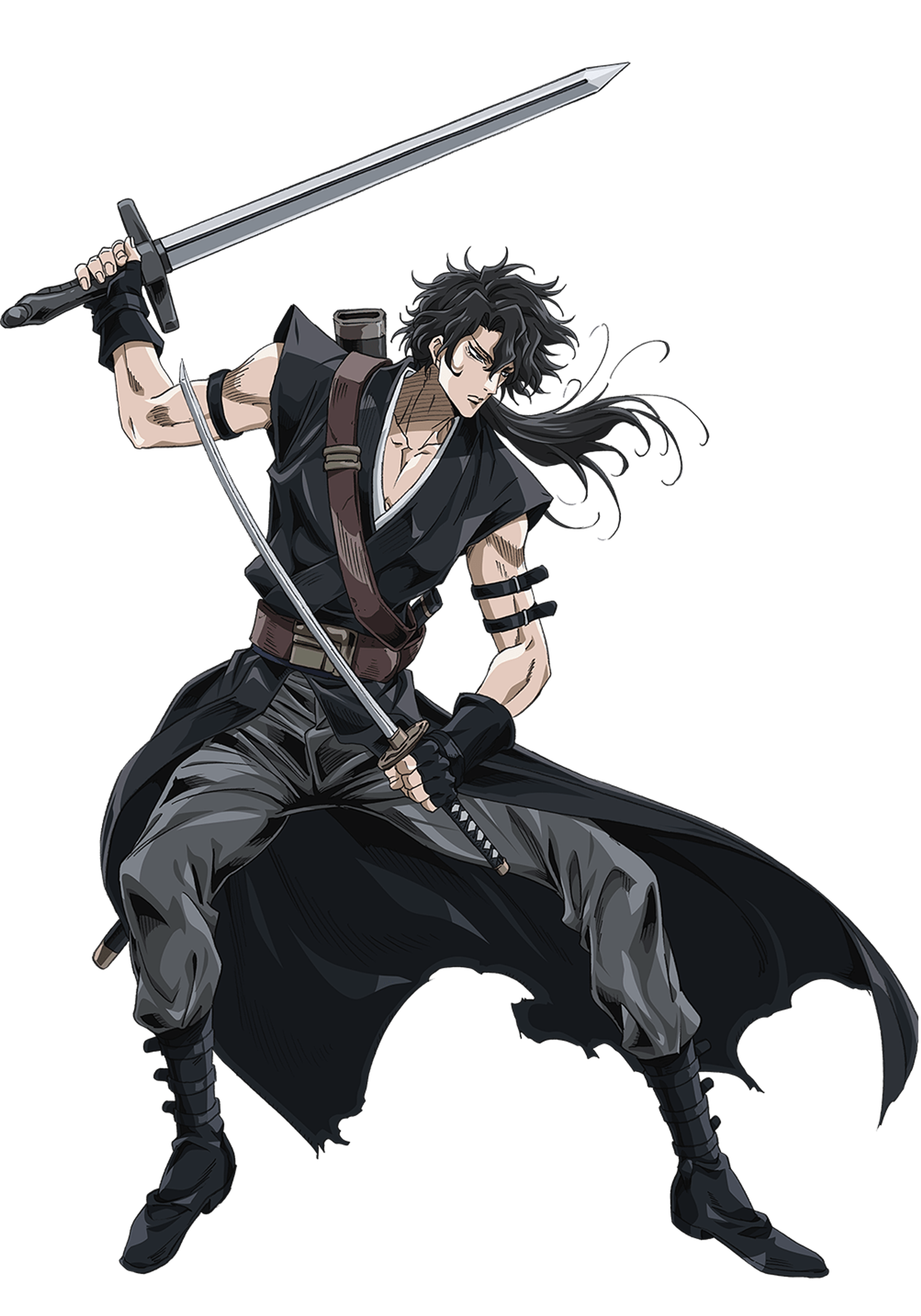 An anime-style samurai warrior character with long dark hair, wielding two swords in a fighting stance.