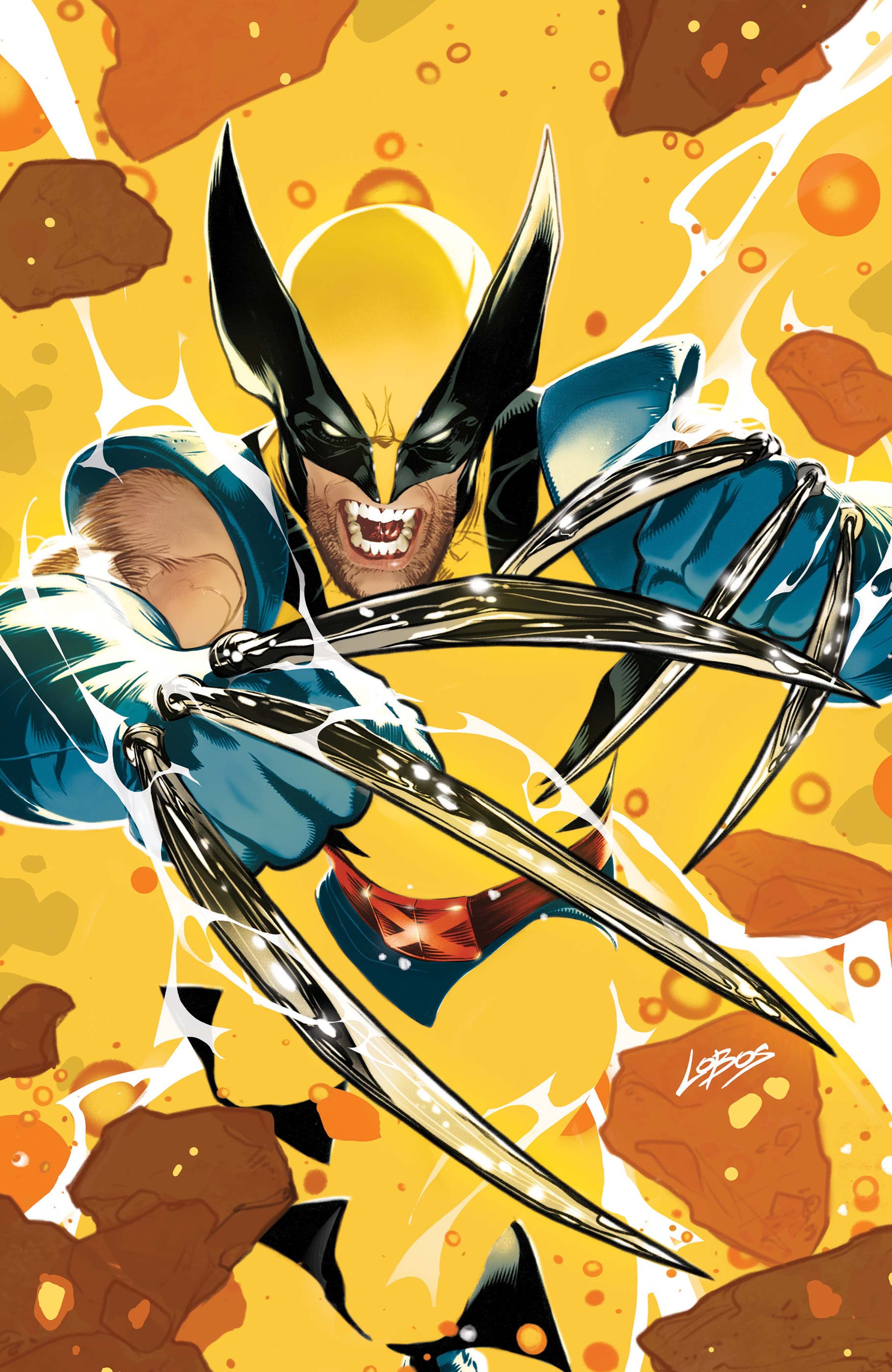 A muscular, clawed male character in a superhero costume against a fiery background
