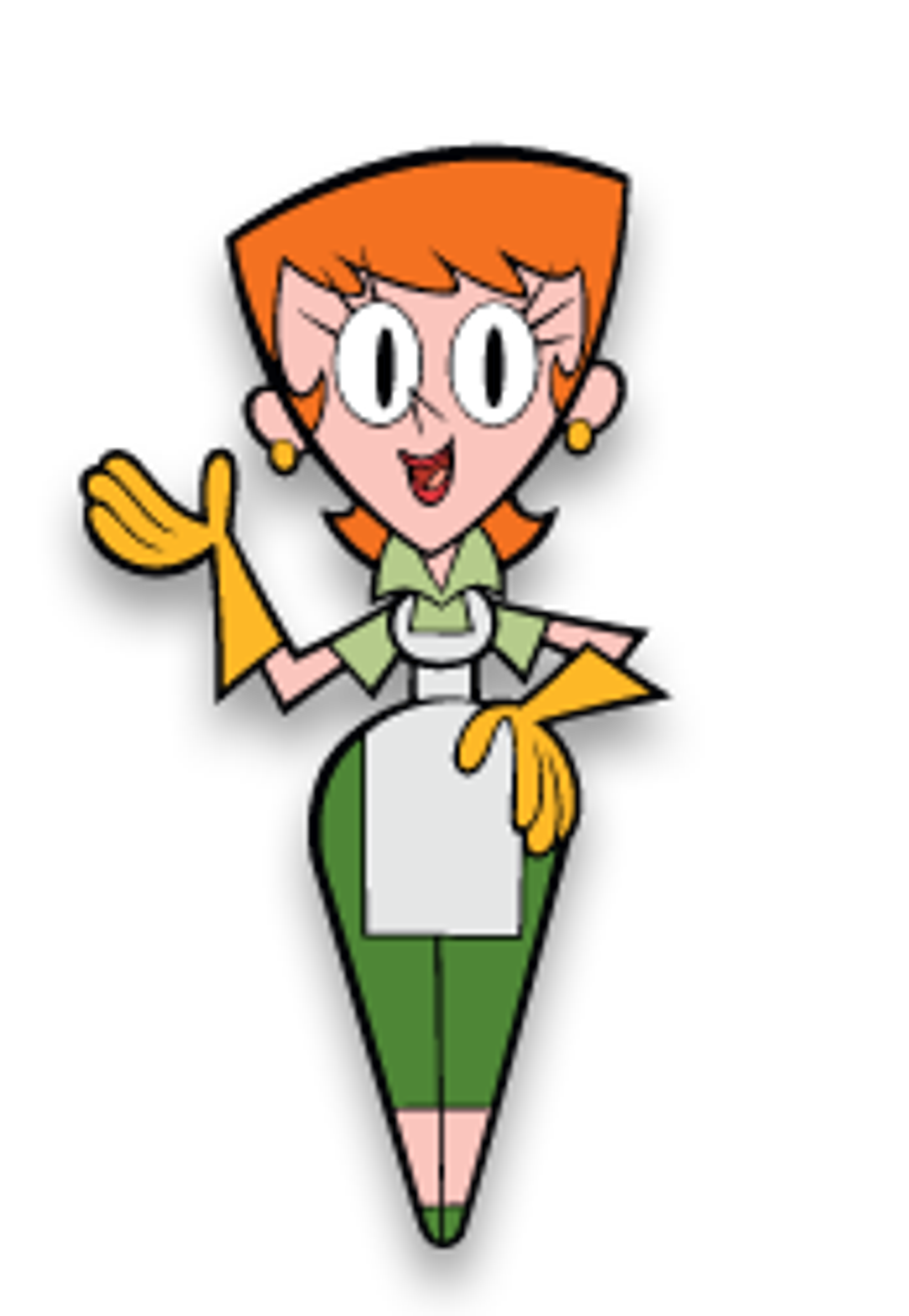 An animated female character with orange hair, a green dress, and a worried expression