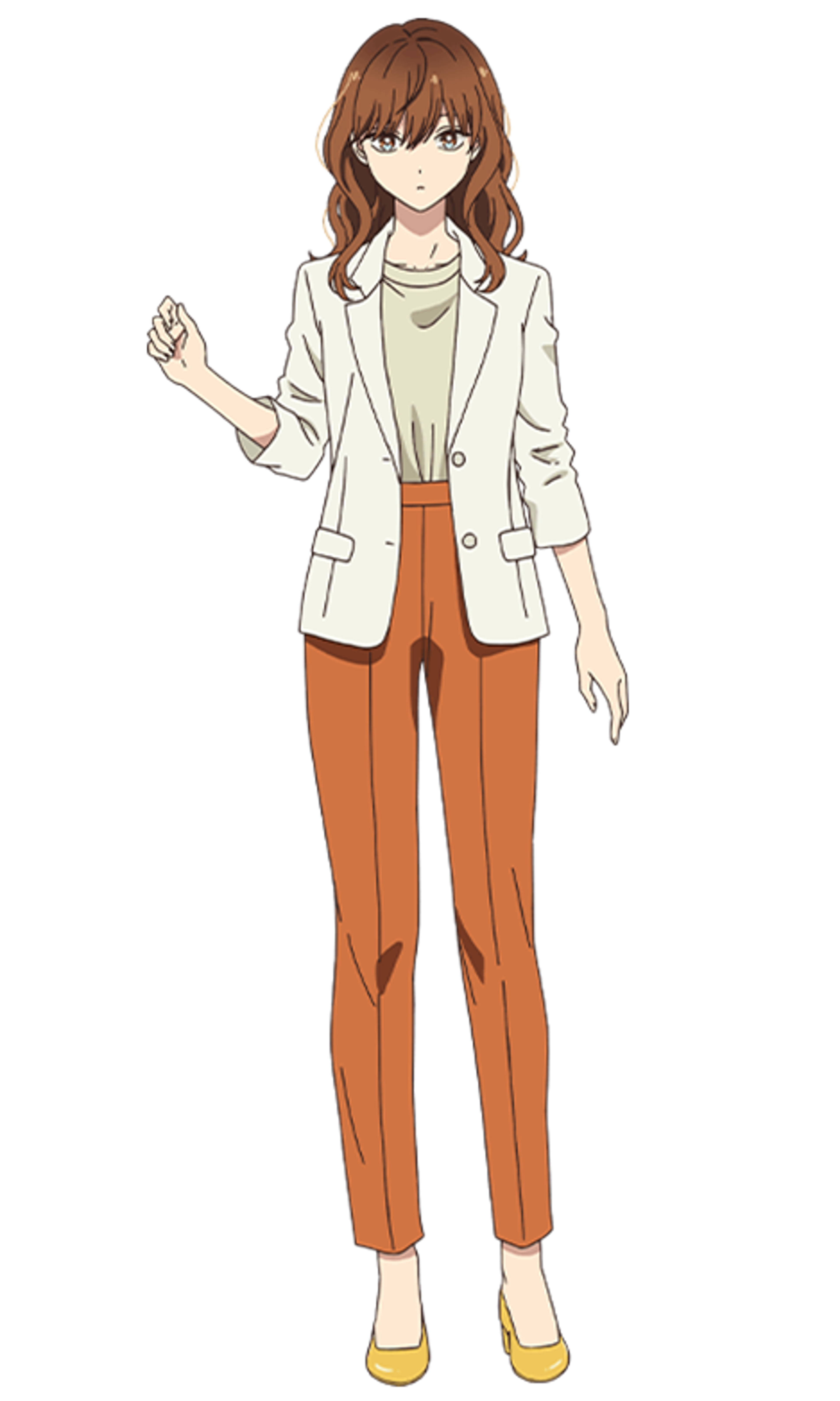 A young woman with brown hair wearing a white blazer and orange pants
