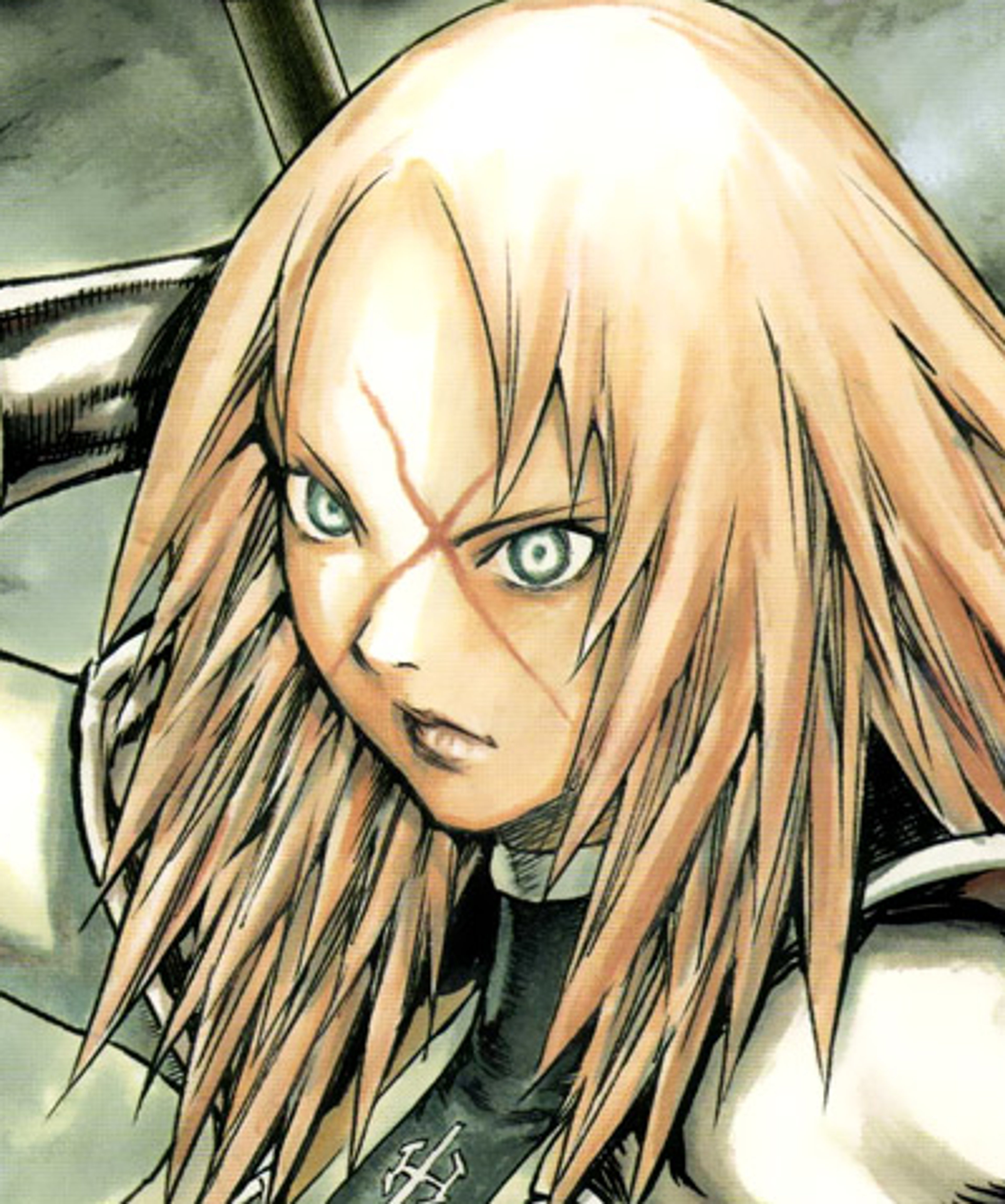 A female anime-style warrior character with a cross-shaped scar on her face